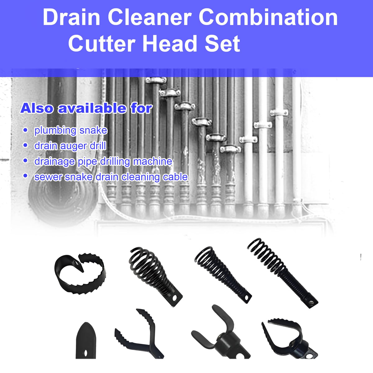 9 PCS Drain Snake Drill Attachment,Drain Cleaner Combination Cutter Head,Root Cutter For Drain Cleaning,Used in 50ft-100ft Ac Drain Cleaning Machine,for 5/16” To 3/4” Drain Snake Cables