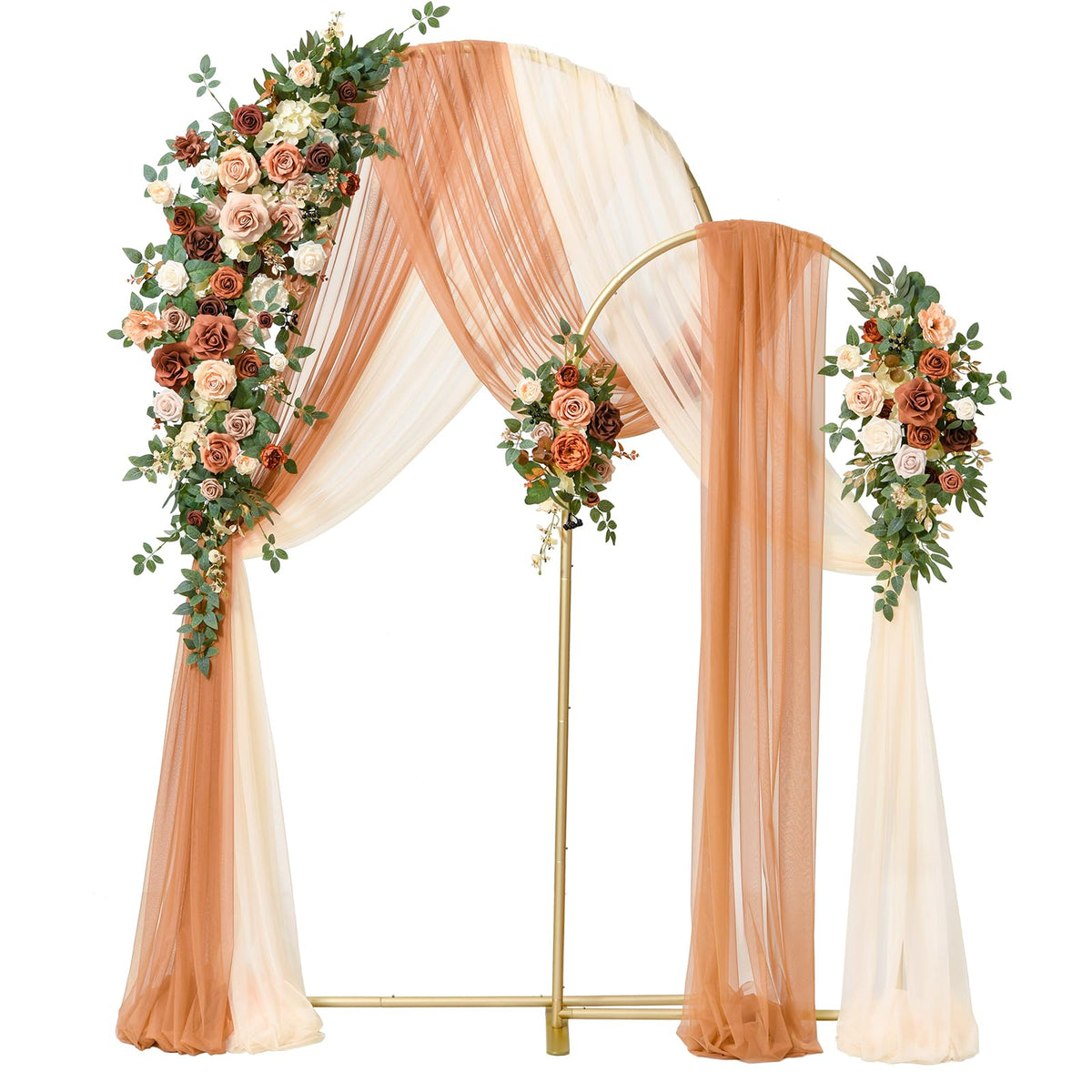 Ling's moment Wedding Arch Backdrop Stand with Flowers - 7.2FT, 6FT Set of 2 Metal Arch Frame with Drape for Ceremony Decor - Artificial Floral Birthday Party, Bridal Shower, Terracotta Orange