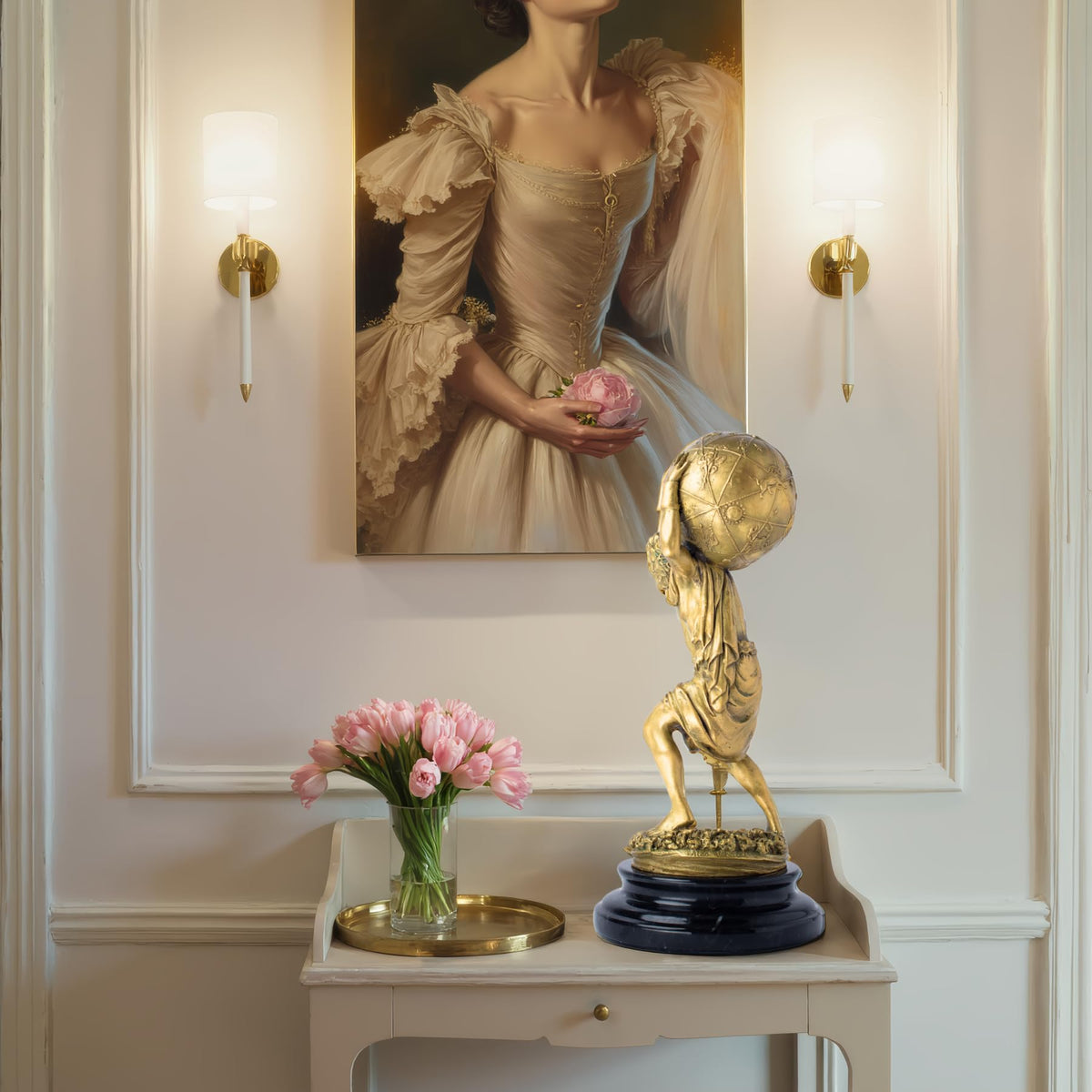 R REALONG Gloden Bronze Atlas Sculpture with Marble Base – 13.4" Tall Handcrafted Titan Atlas Carrying Globe Figurine, Lost-Wax Cast Bronze Art Decor for Home, Office & Collectors