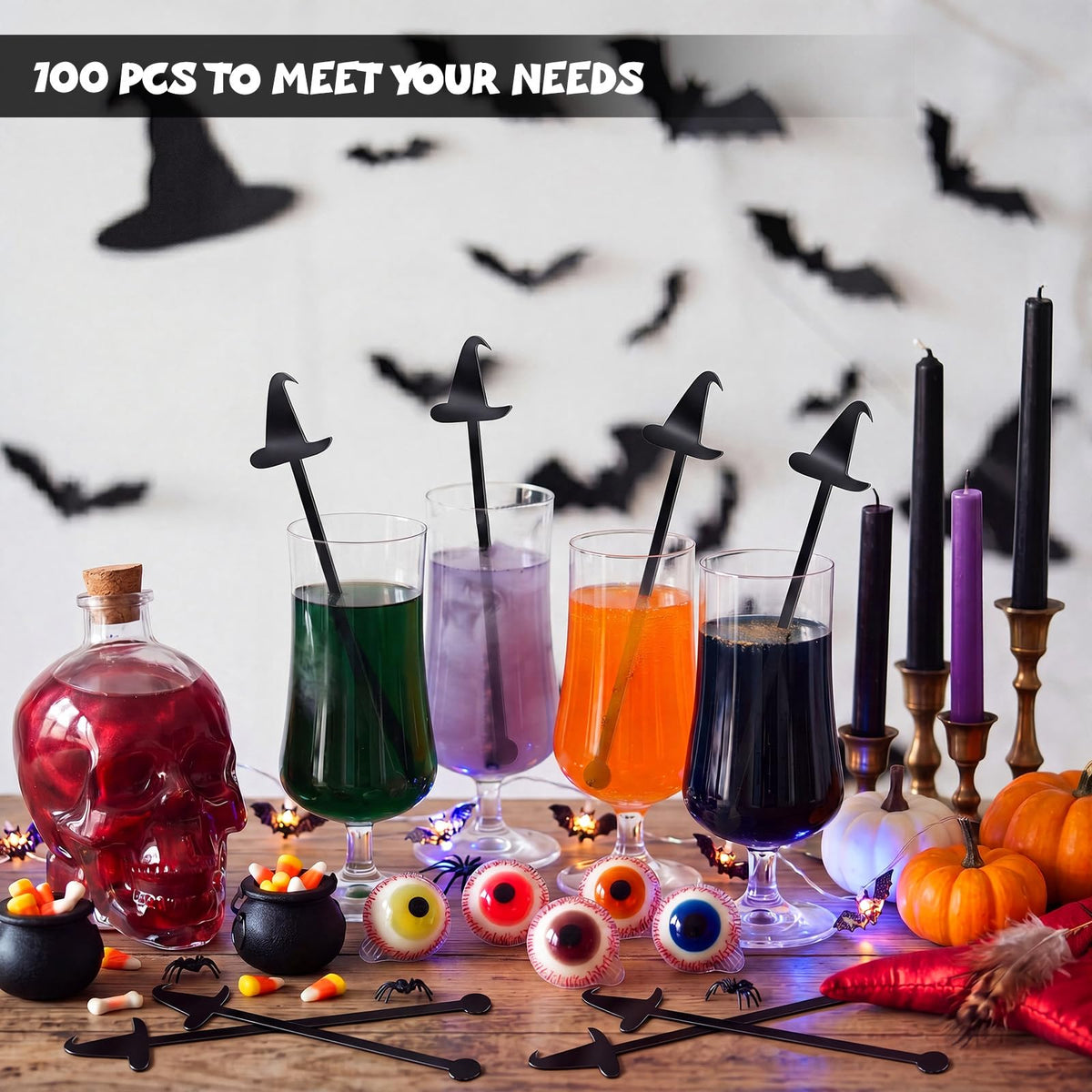 LemonRoad 100 Pcs Witch Party Supplies Swizzle Sticks Black Plastic Coffee and Cocktail Stirrers 5.9 Inch Reusable Black Witch Hat Cocktail Mixers Bulk for Bar Weddings Events Halloween (Classic)