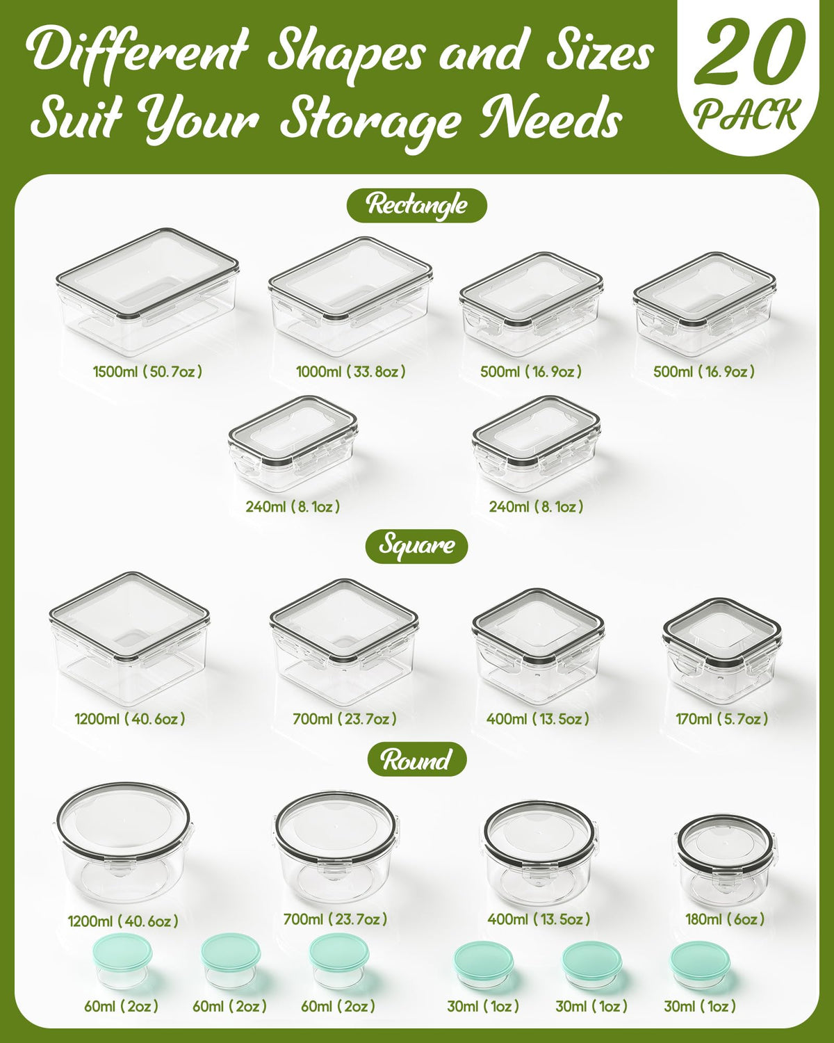 40 Piece Food Storage Containers with Lids(20 Containers & 20 Lids), BPA-Free Plastic Food Containers for Kitchen Storage and Organization, Leak Proof Meal Prep Container, Includes Labels & Pen