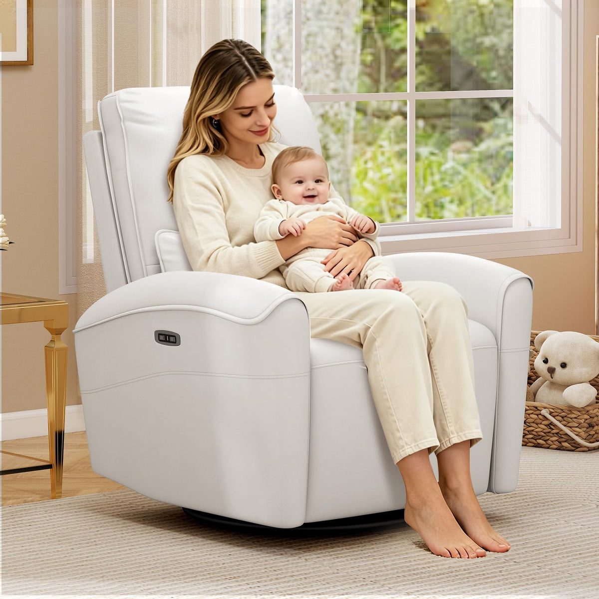 Bonzy Home Power Swivel Rocker Recliner Chair with USB Port, 23.2" Wide Seat, Fixed Lumbar Support, Upholstered Glider Chair for Nursery Living Room, Beige