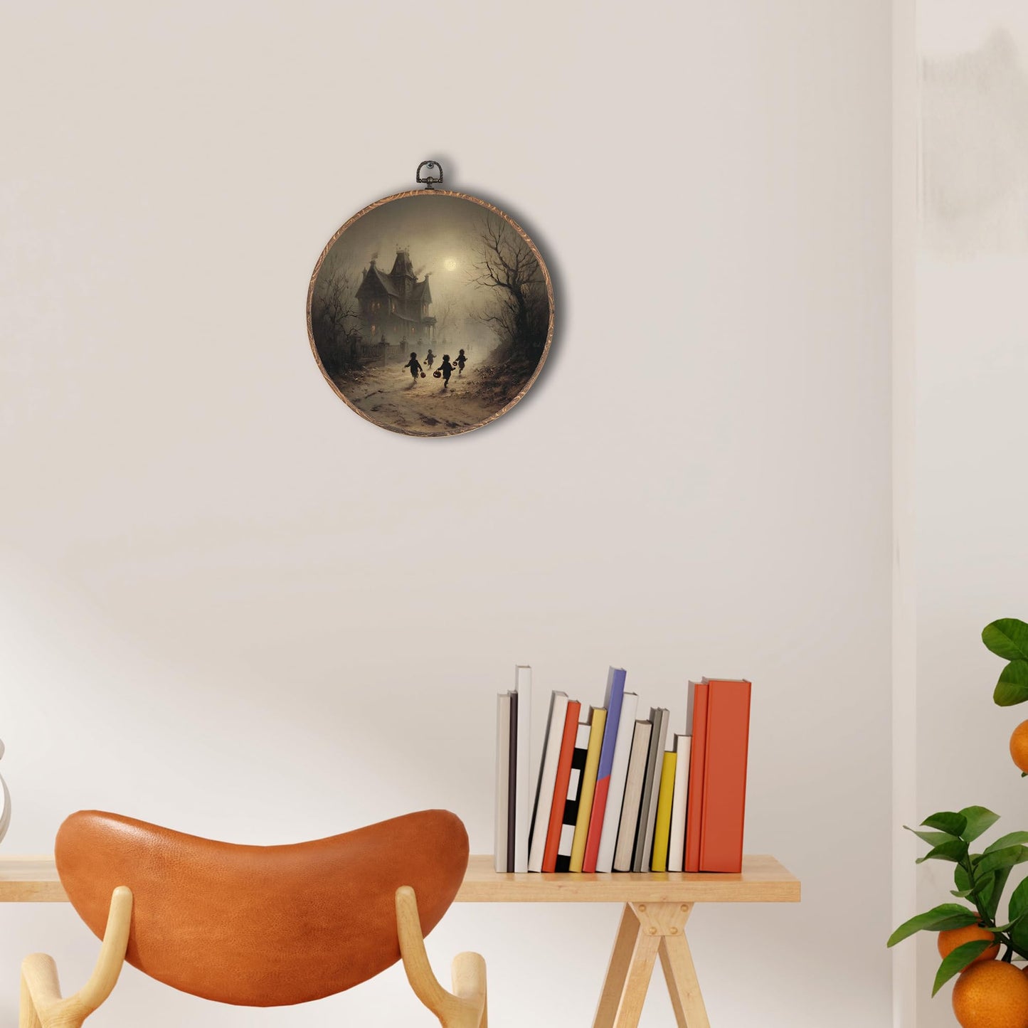 Tzhim Gothic Halloween Canvas Wall Art, Spooky Children with Pumpkin Lanterns Round Wall Art Decor, Dark Academia Autumn Aesthetic Framed Hanging Decor for Home Bedroom Living Room, 10x10in