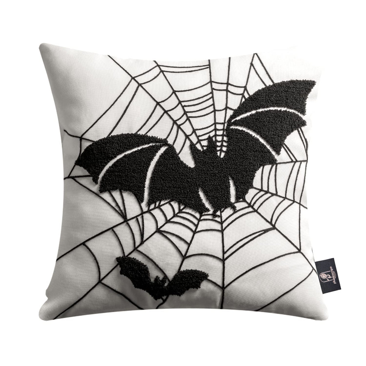 Phantoscope Set of 4 Happy Halloween Decorative Throw Pillow Covers, Handcrafted Embroidery Spider Web Black Bats and Cute Ghost Pillowcase Cushion Cover, Black and White, 18 x 18 inch, 45 x 45 cm