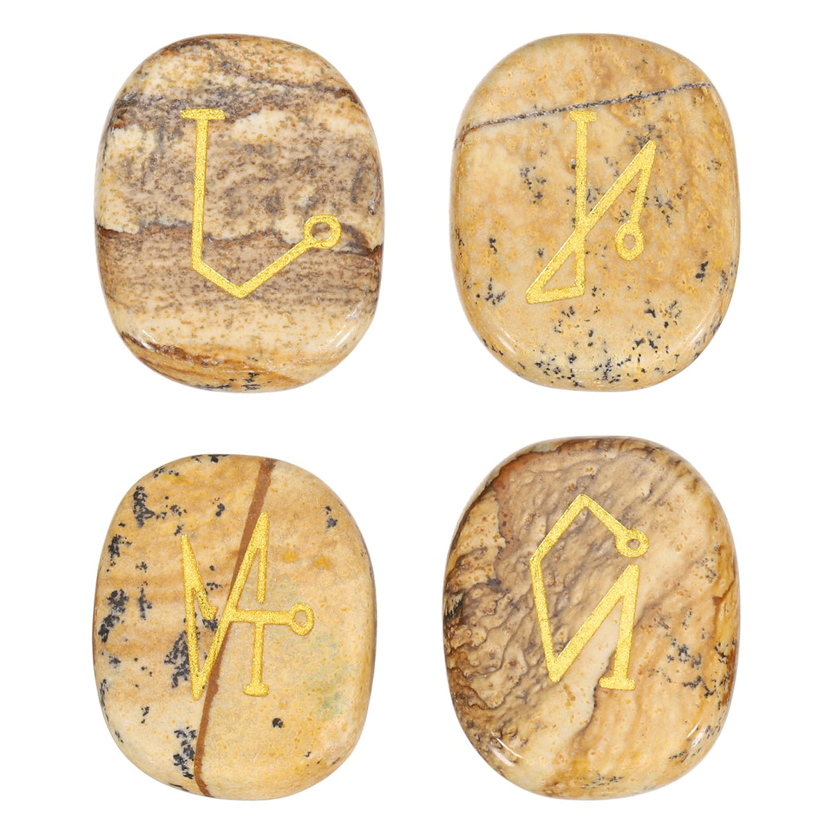 MECCANIXITY 4Pcs Engraved Chakra Stones with Reiki Symbols, Landscape Jasper Reiki Healing Crystal Gemstone 7 Chakra Crystal Stones Tumbled Palm Stone for Anxiety Relieve