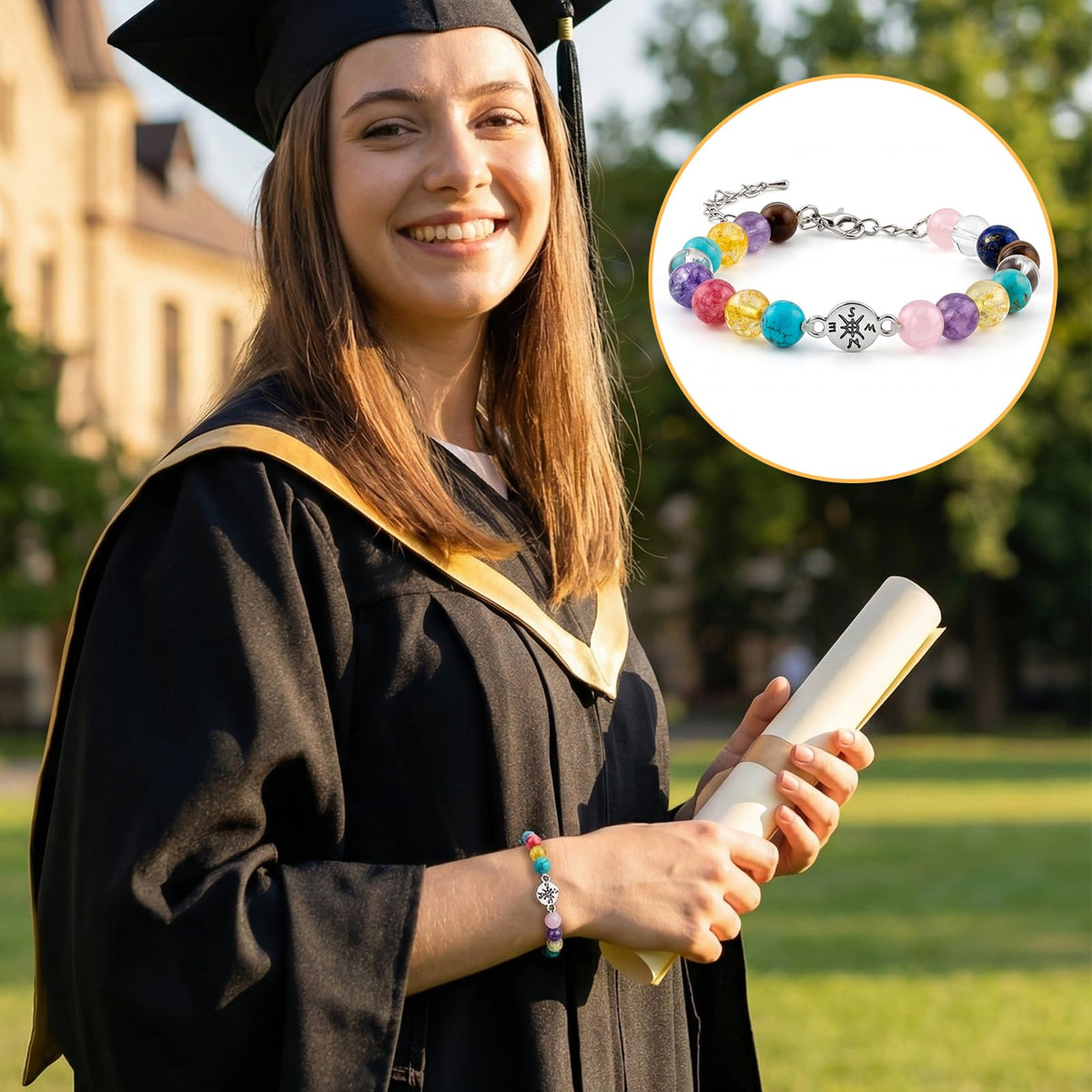 Graduation Bracelet Set 2026 for Him & Her, Natural stone Beaded Bracelet with 7 Chakra Stones or Matte Style, Compass Keychain, Card & Gift Box for High School College Grad (Vibrant Chakra)
