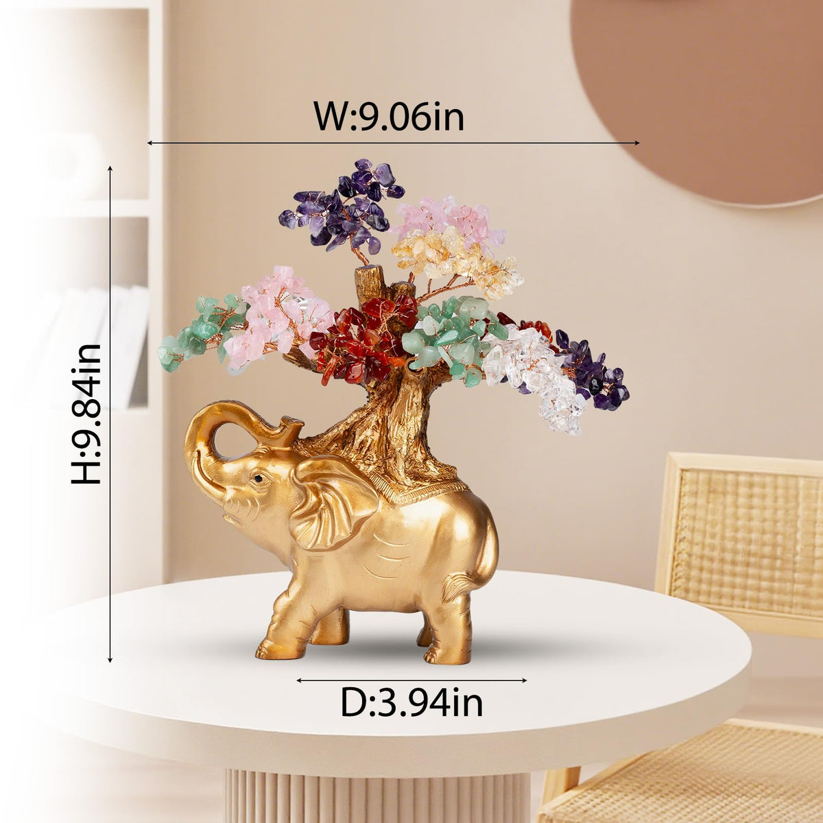 GEMBOURY 7 Chakra Crystal Money Tree on Gold Mini Elephant Statue, 10”Gemstone Bonsai Tree of Life Home Décor Gifts for Wealth Positive Energy, Feng Shui Décor