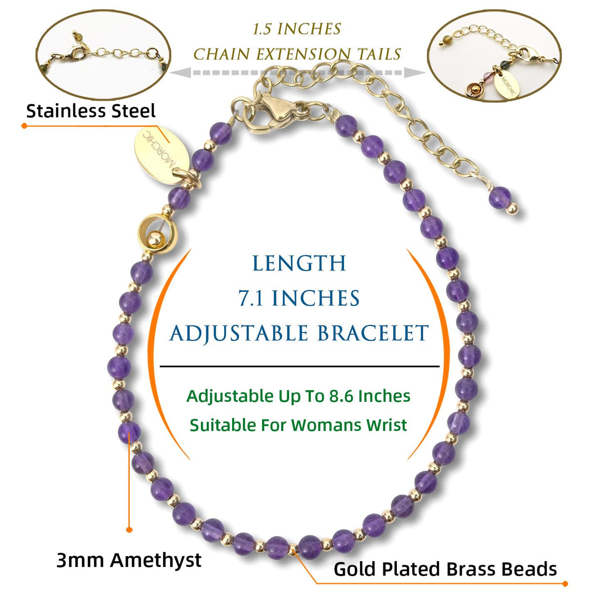 Morchic 3mm Purple Amethyst Quartz Natural Gemstone Beaded Bracelet for Women, Dainty Charm Jewelry, Adjustable 7.1-8.6", Ideal Birthday Holiday Gift