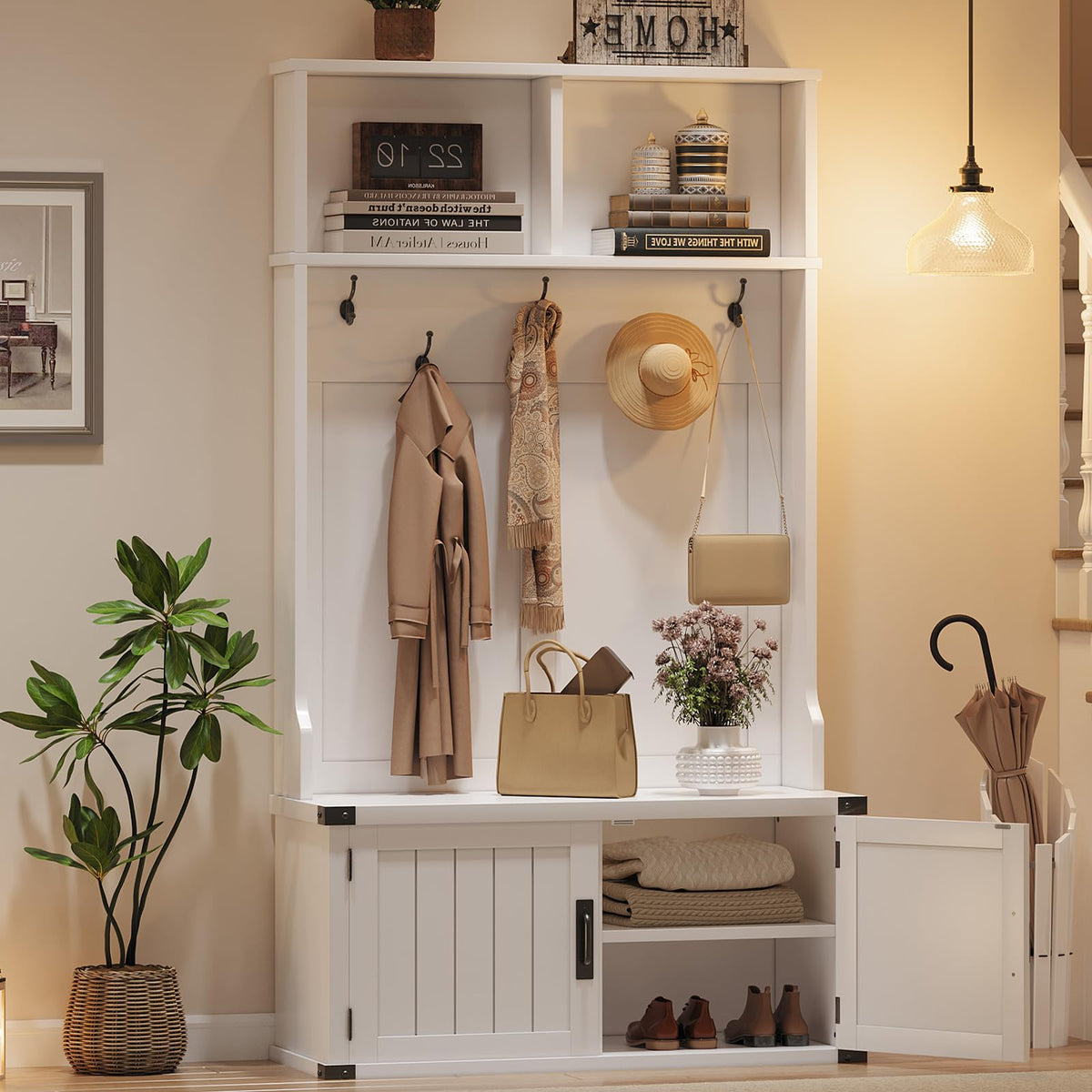 IDEALHOUSE 76" Hall Tree with Bench and Shoe Storage, Farmhouse 4-in-1 Entryway with Coat Rack & 5 Tri-Hooks, Adjustable Shelf, White Mudroom Bench with Storage Seating, Space Saving, White