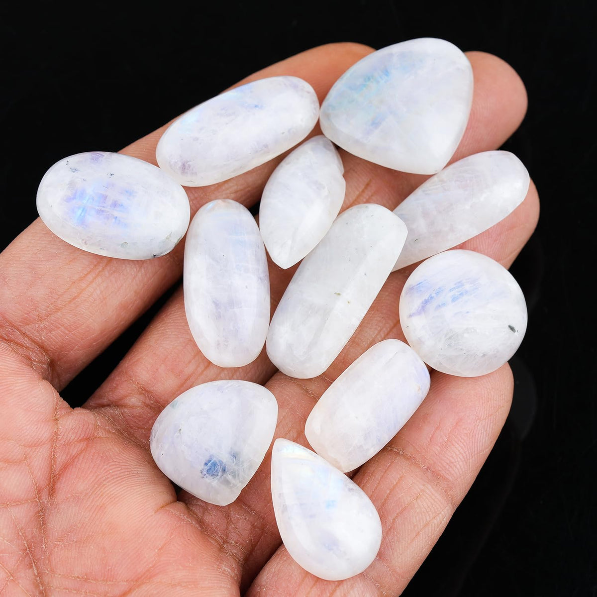 GemSymphony 100 Carat Natural Rainbow Moonstone Gemstone Cabochon Lot Mixed Shapes – 6 to 8 pcs Hand Polished Crystal Stones for Jewelry Making Supply, Healing, Reiki, Craft Supplies, Unique Cab Set for Wire Wrapping & Collectors (10-20 mm)