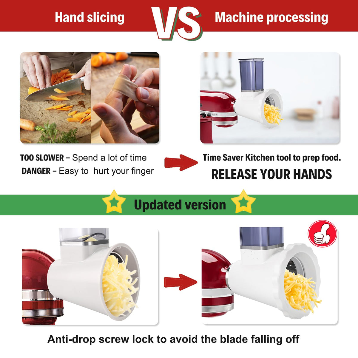 Upgraded Version - Cheese Grater Slicer Shredder Attachments for All KitchenAid Stand Mixers, Food Slicers Salad Maker Accessory Vegetable Chopper with 4 Blades Dishwasher Safe