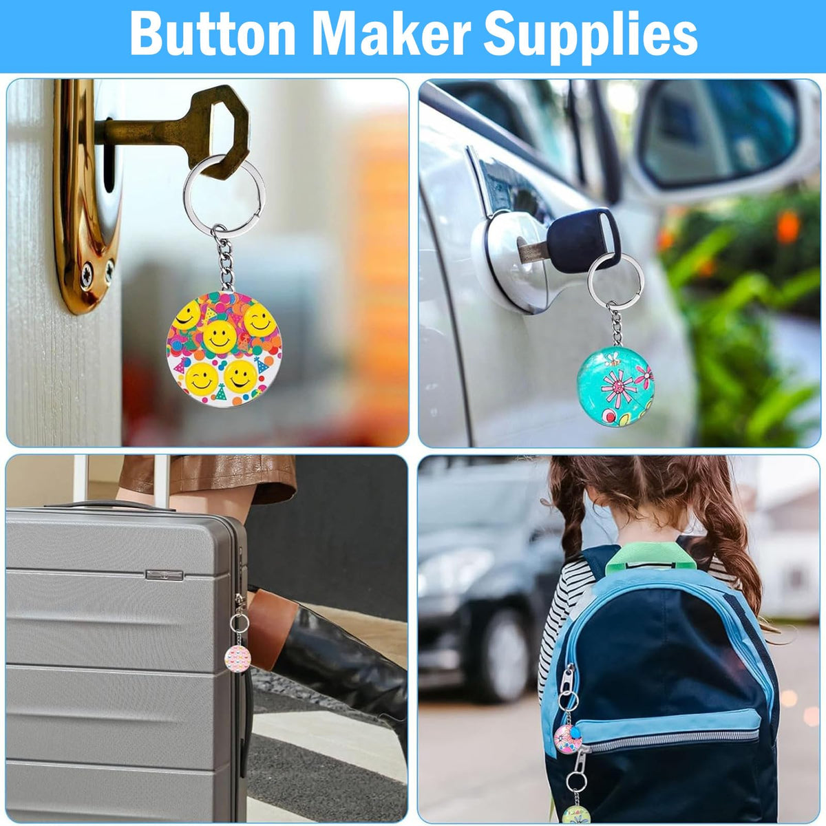 Button Maker Keychains Supplies, 200 Pcs 58mm Pin Maker Set, Metal Button Maker Supplies with Metal Shell Cover, Transparent Film & Chain Head