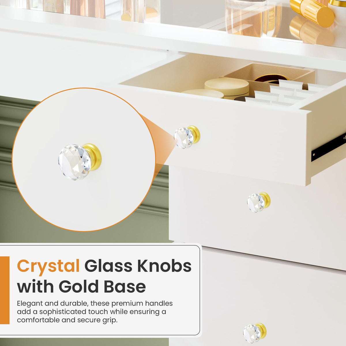 Fkhouse 11 Drawers Glass Top Vanity Desk with Chair, Crystal Handles Makeup Vanity with Mirror and Lights, Dressing Table with Power Outlet, Adjustable Lighting Modes, White