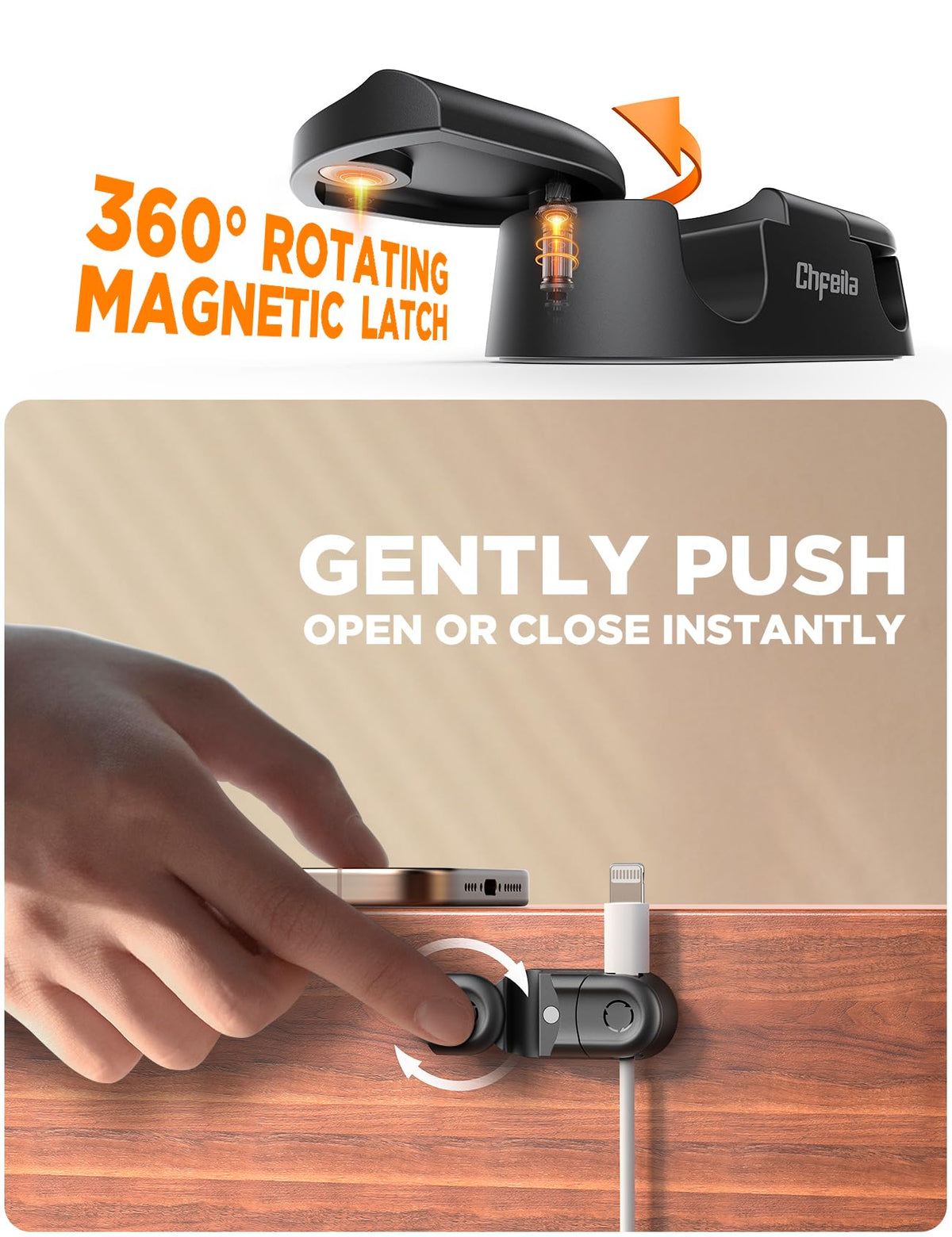 Magnetic Cable Clips - Chfeila 4Pack [Dual Slot] [360°Rotating & Twist-Lock] Cord Management, Adhesive Phone Charging Keeper, Wire Organizer Holder for Nightstand, Home Office Desk Accessories Decor