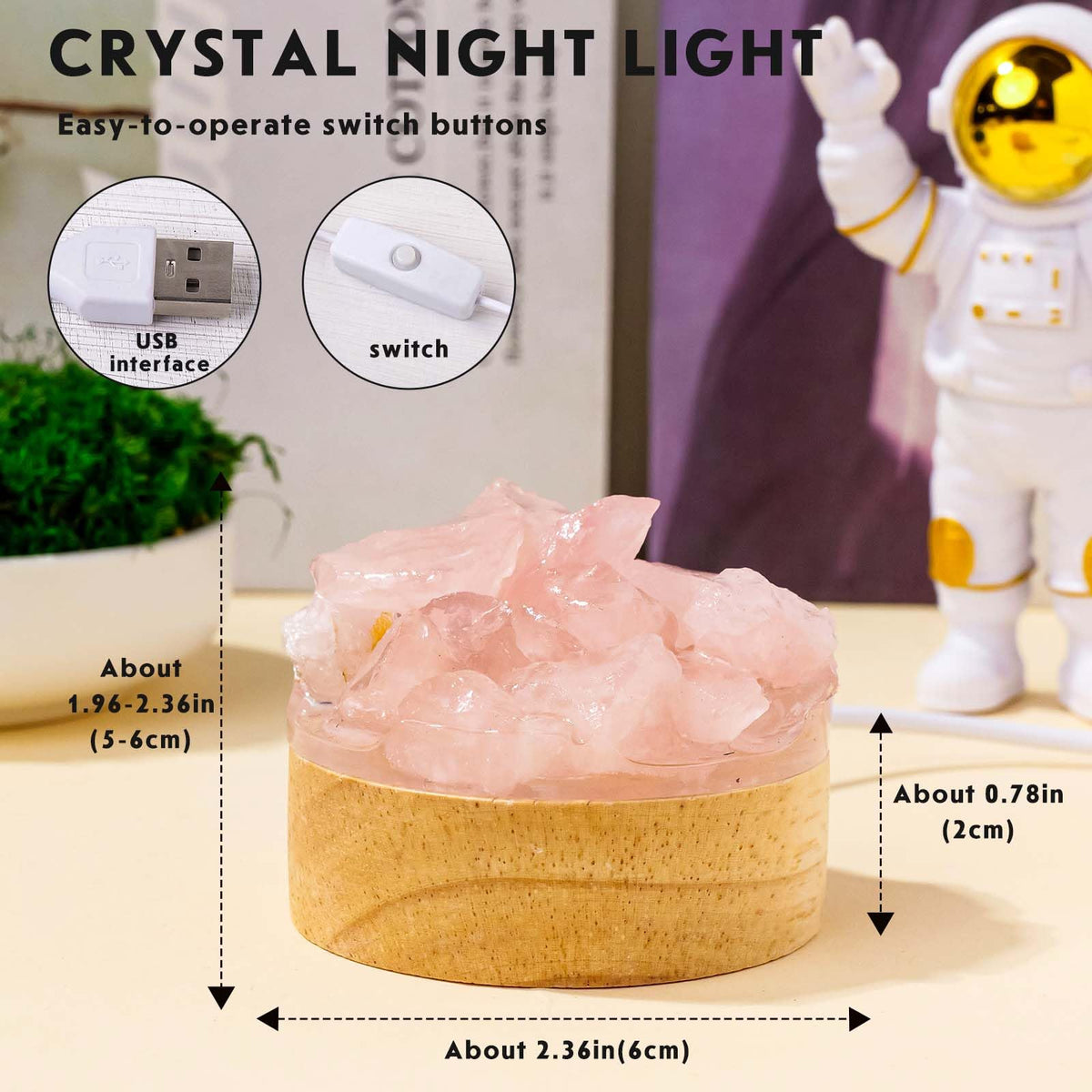 Runyangshi Rose Quartz Night Light with Natural Raw Crystal - USB Pink Glow Mini Lamp for Bedroom, Self-Love, Meditation, Healing Crystal Decor with Wood Base, Gift for Her