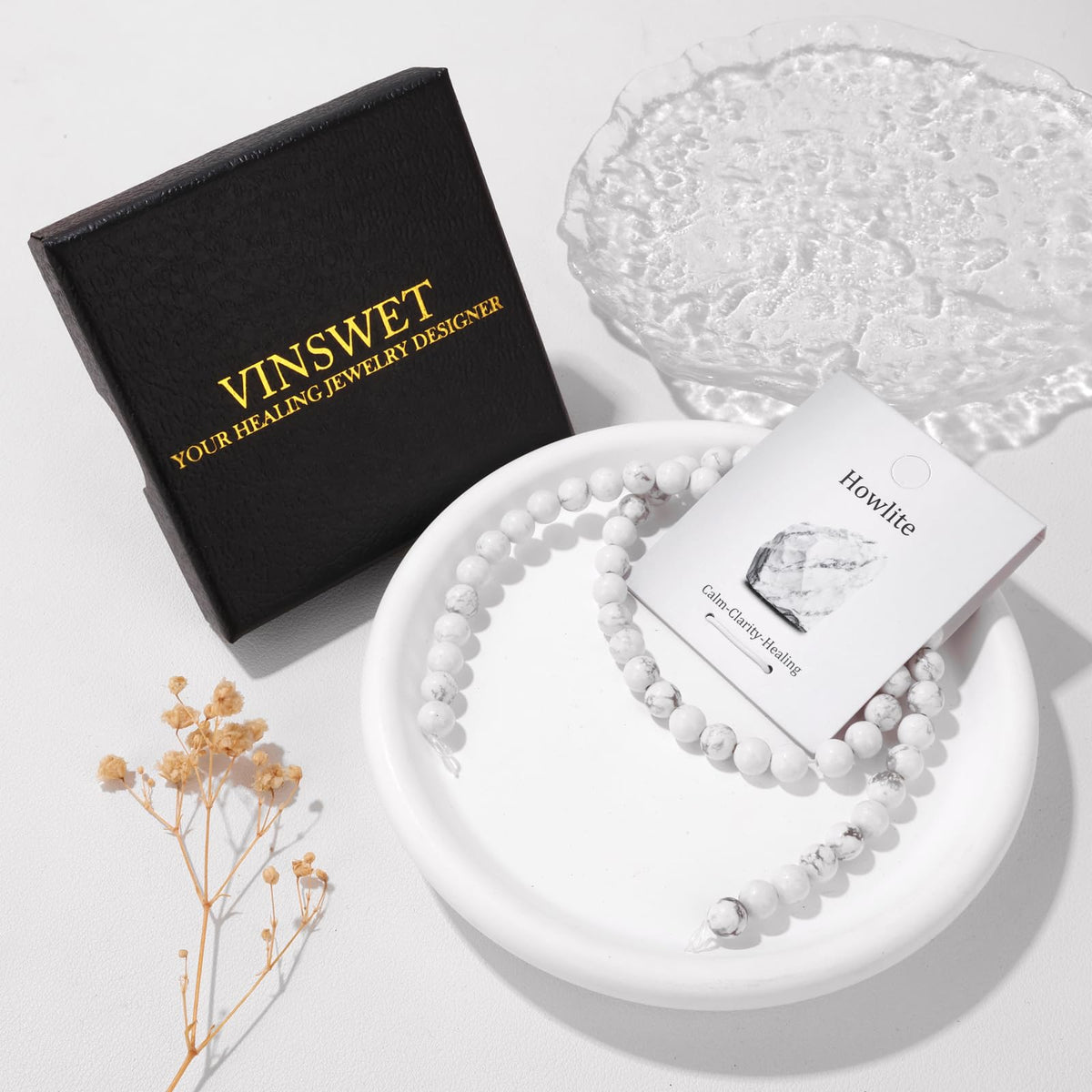 Vinswet 60pcs 6mm Howlite Natural Stone Beads Round Genuine Real Stone Beading Loose Gemstones DIY Smooth Bead for Bracelet Necklace Earrings Jewelry Making