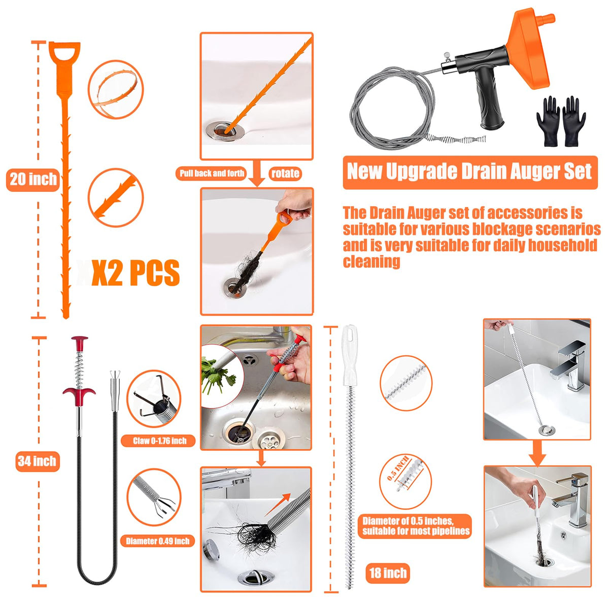 Drain Snake Auger, 33 Feet Plumbing Snake Drain Hair Clog Removal Tool, Sink Unclogger Drain, Heavy Duty Toilet Snake Auger, Cleaner Tool for Bathroom Kitchen Tub Shower Drain Clog Remover with Gloves