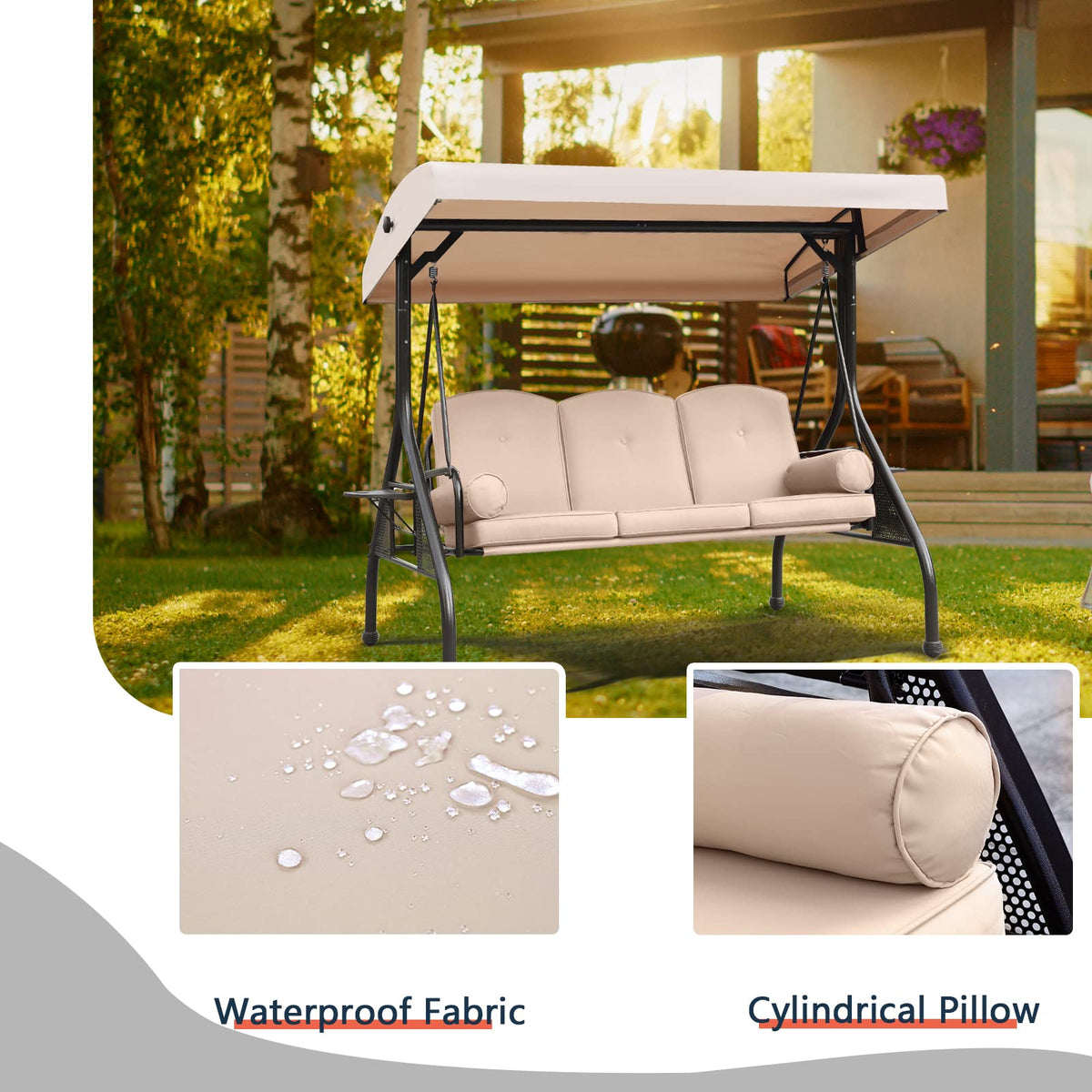 NOBLEMOOD Patio Porch Swing, 3-Seat Outdoor Swing with Adjustable Canopy, Waterproof Fabric Cushion, Pillow and Foldable Side Tray for Patio, Backyard, Porch Swing Bed for Spring