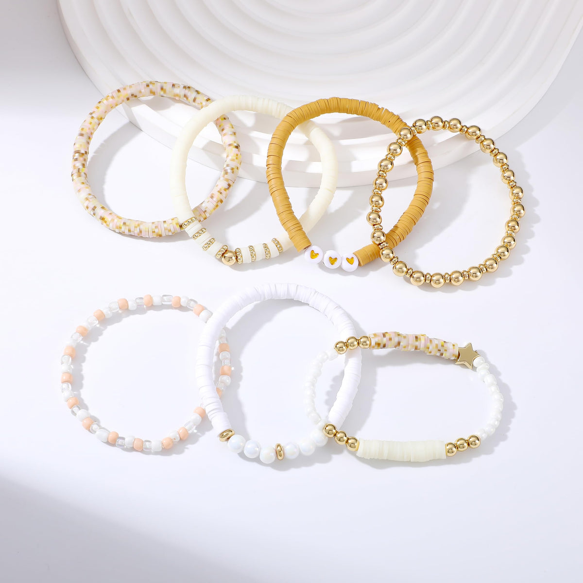 RISHEGAE Heishi Beaded Stretch Bracelets for Women Stackable Gold Polymer Clay Beads Bracelets Friendship Boho Summer Beach Bracelet Jewelry Set (F-H brown1)
