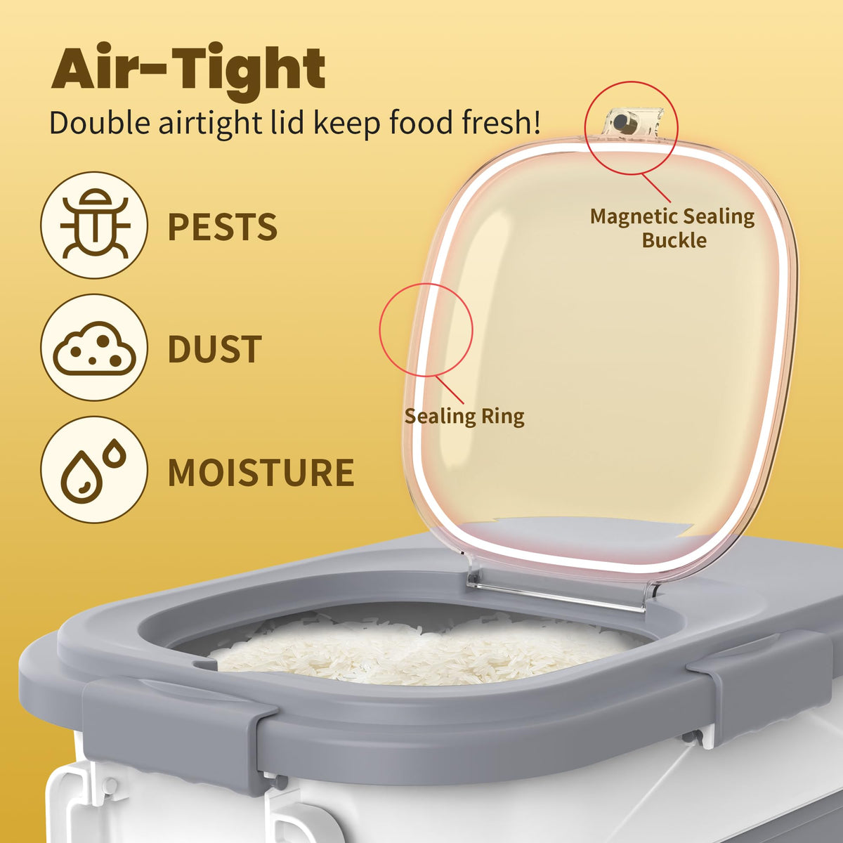 HOYTAMDA 25-35Lbs Rice Container,Collapsible Airtight Food Storage Containers with Wheels,Handle,Rice Storage Container with Small Bin and Scoop,Rice Dispenser for Flour Sugar Cereal Grain Dog Cat