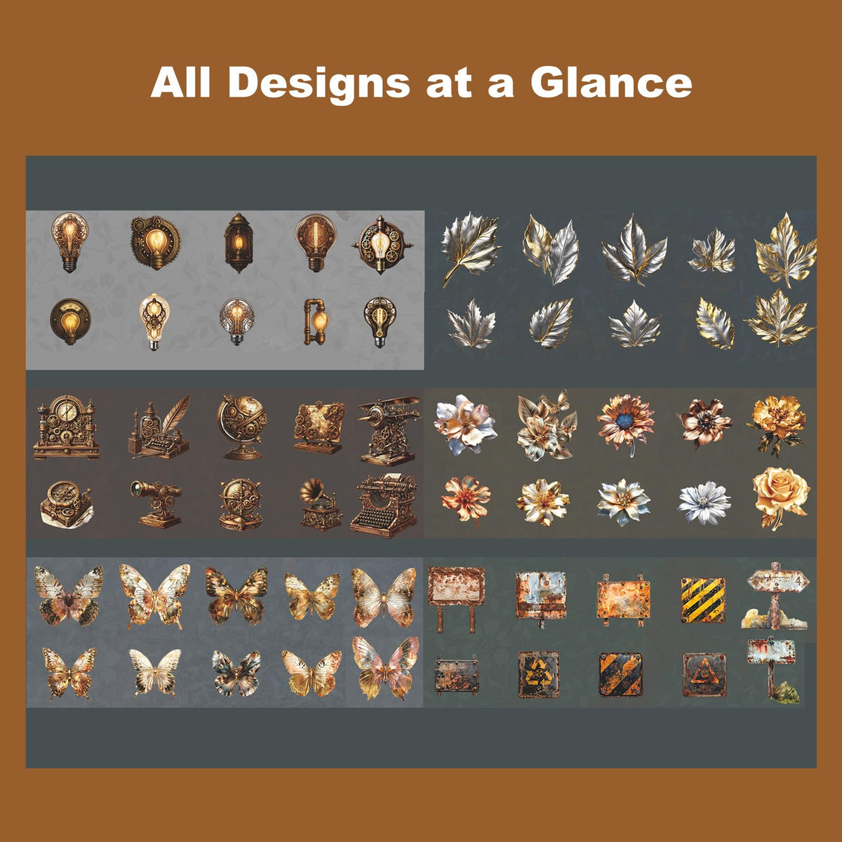 Moriquill 120PCS Steampunk Vintage Stickers – Die-Cut Antique Gears, Bulbs & Butterflies with No-White Edge Cardstock for Scrapbooking, Journaling and DIY Crafts