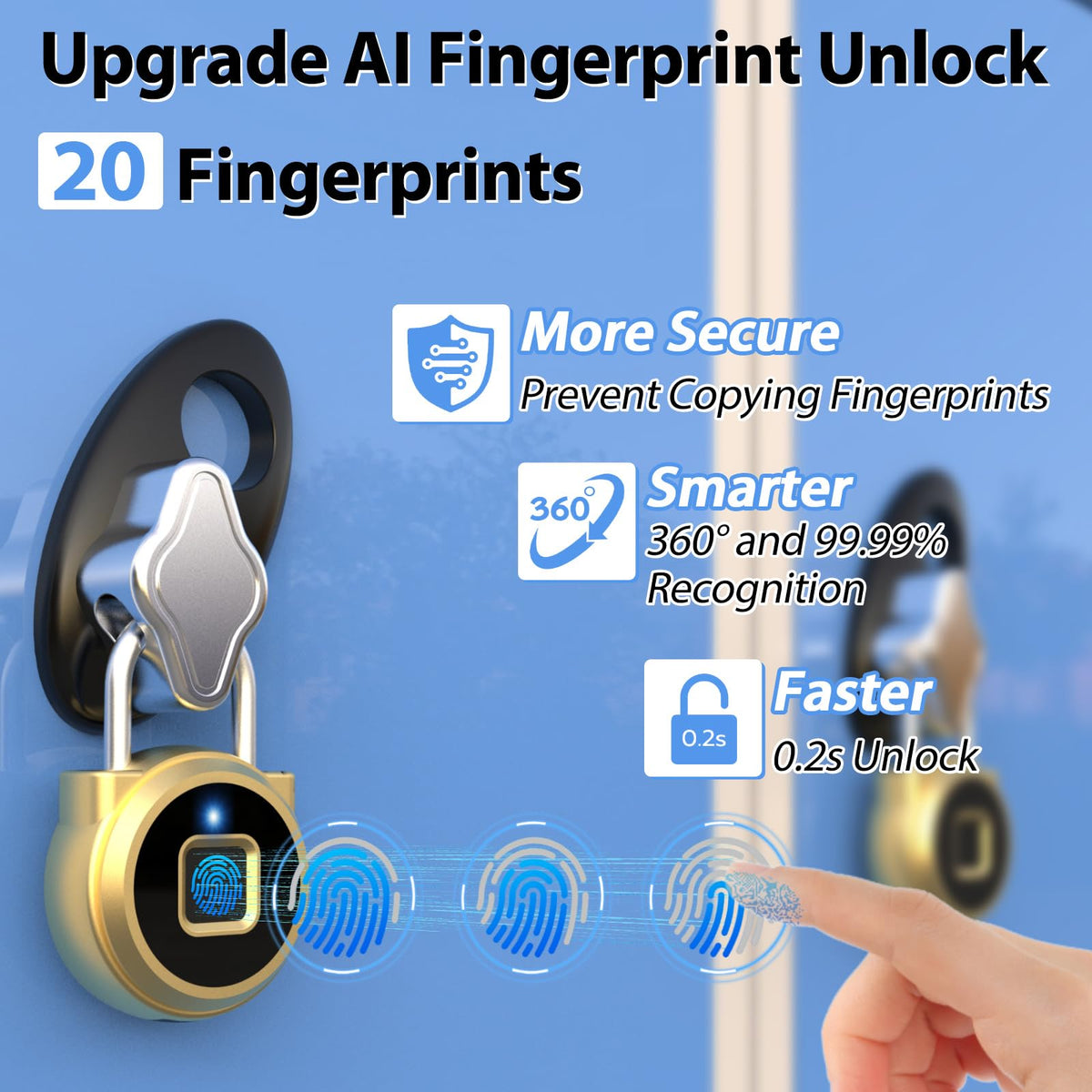 Keylesslife Fingerprint Lock,Gym Locker Lock,Smart Padlock Bluetooth APP Control Biometric Lock for Locker School Suitcase Cabinet Storage Gold