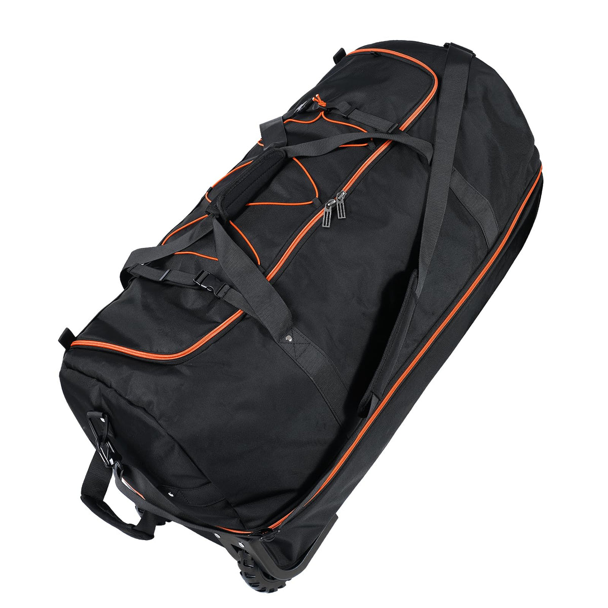Vrtisa 110L Expandable to 140L 32” Foldable Oxford Soft-Sided Rolling Duffle Bag with 2 Heavy-Duty Wheels,2 Large Compartments,Adjustable Shoulder Strap and Attached Organizer Pouch,Black Orange