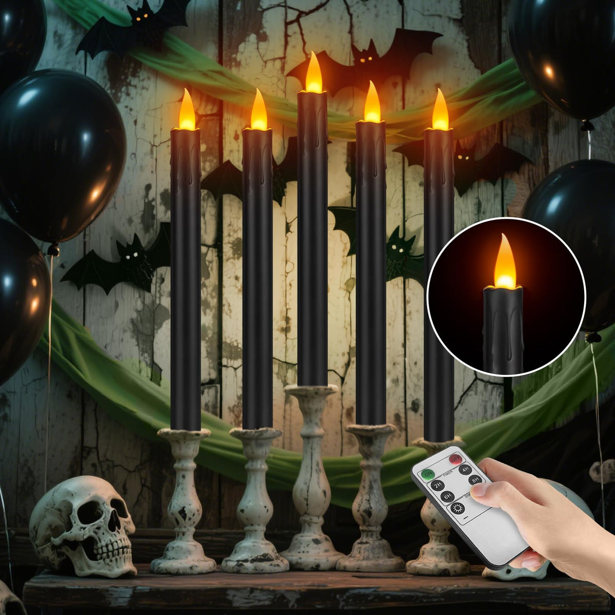 wemarry 24 Pcs Black Flameless Taper Candles with Remote, 10" Black Battery Operated Led Candlesticks with Flickering 3D Flame, Fake Taper Candles for Halloween Anniversaries Dinner Home Décor