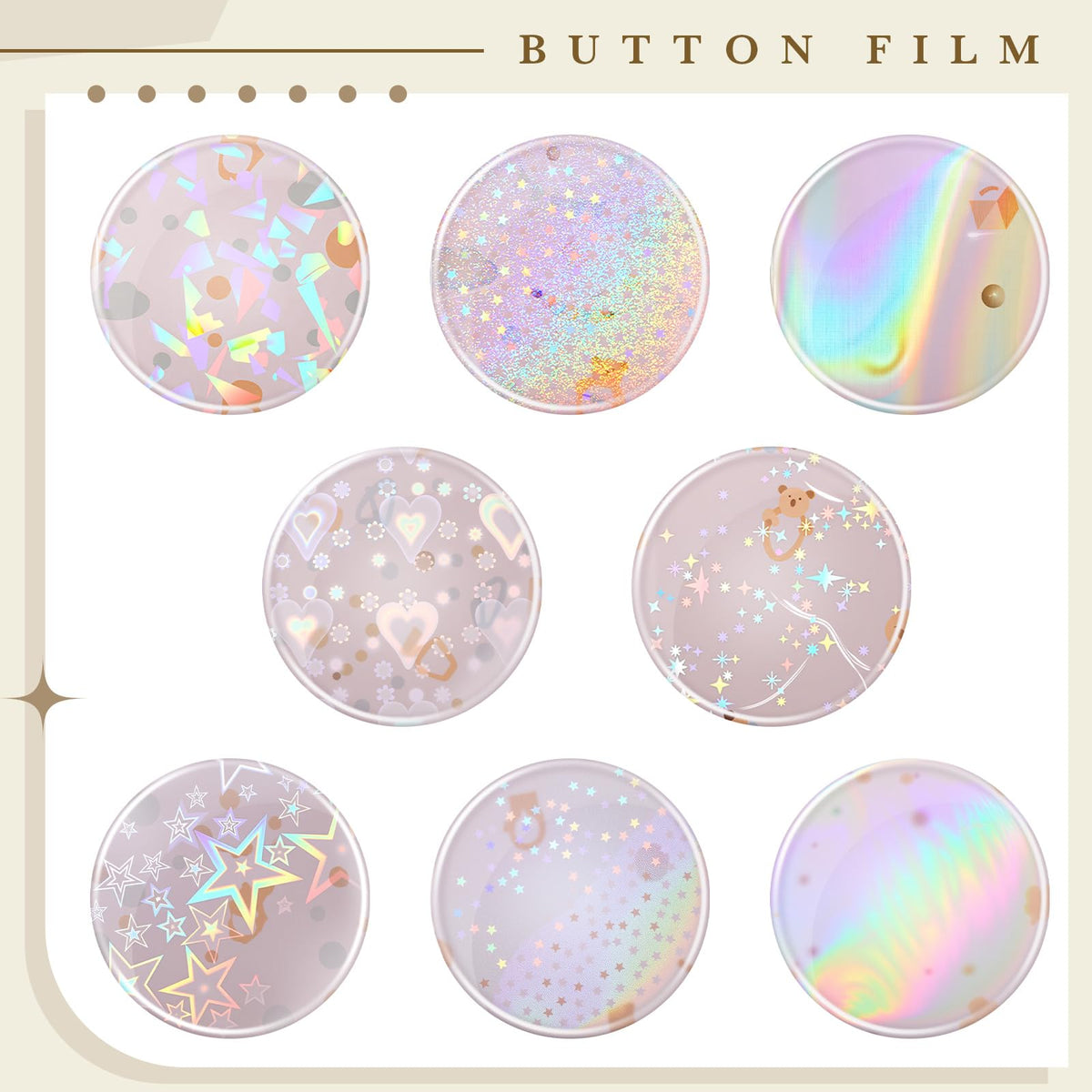 200 Pcs Badge Protective Film 70mm (2.76 in), 8 Styles of Holographic Glitter, Badge Film for 2.25 Inch 58mm Button Maker Machine, 58mm Button Making Supplies
