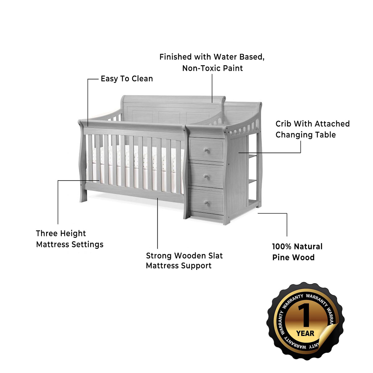 Sorelle Furniture Princeton Elite Crib and Changer with Solid Panel Back Classic -in- Convertible Diaper Changing Table Non-Toxic Finish Wooden Baby Bed Toddler Full-Size Nursery - Weathered Grey