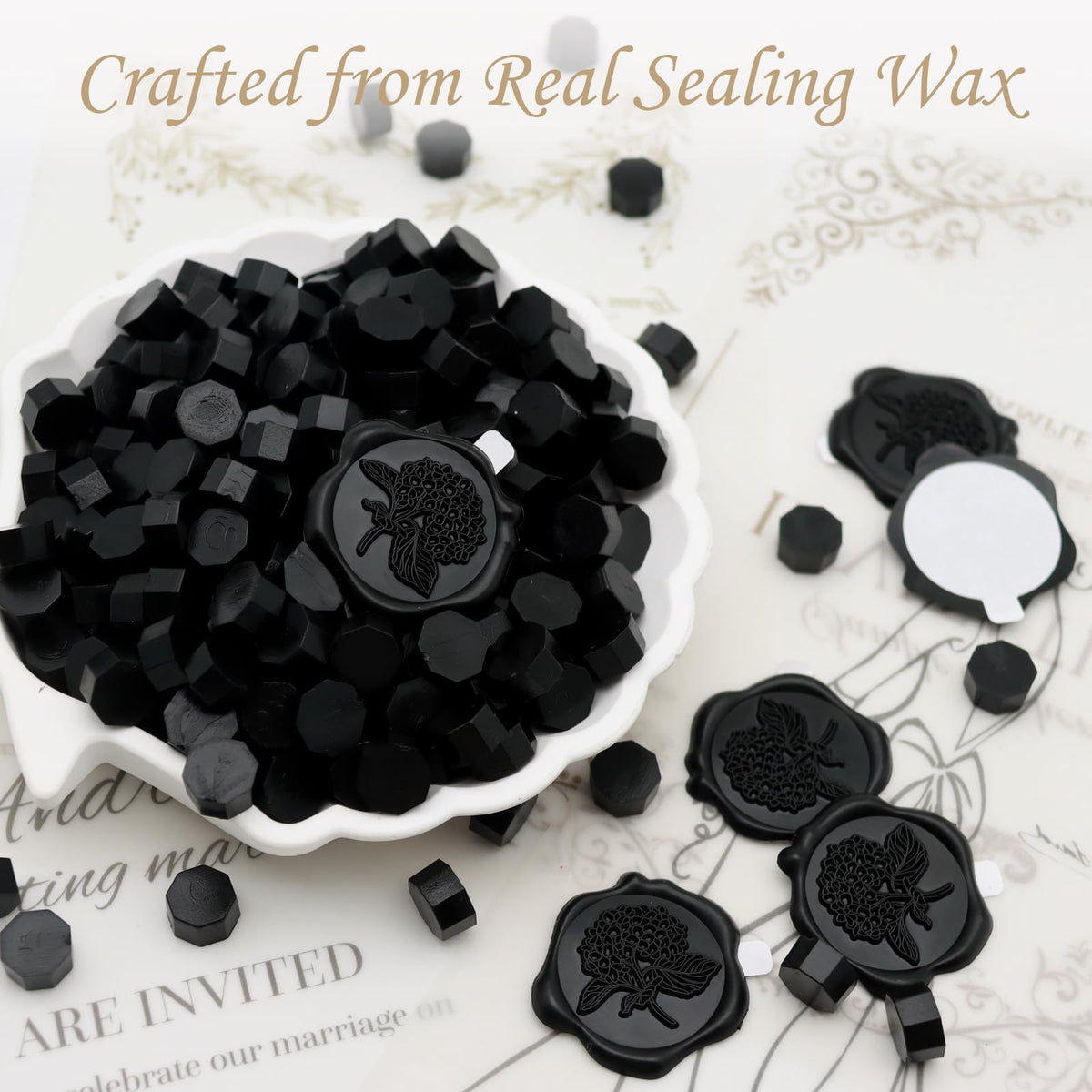 50pcs Hydrangea Wax Seal Stickers, Andotopee Floral Botanical Envelope Seal Stickers, Self-Adhesive Black Stickers Pre-Made from Real Sealing Wax, Great for Wedding Invitation, Gift Wrapping