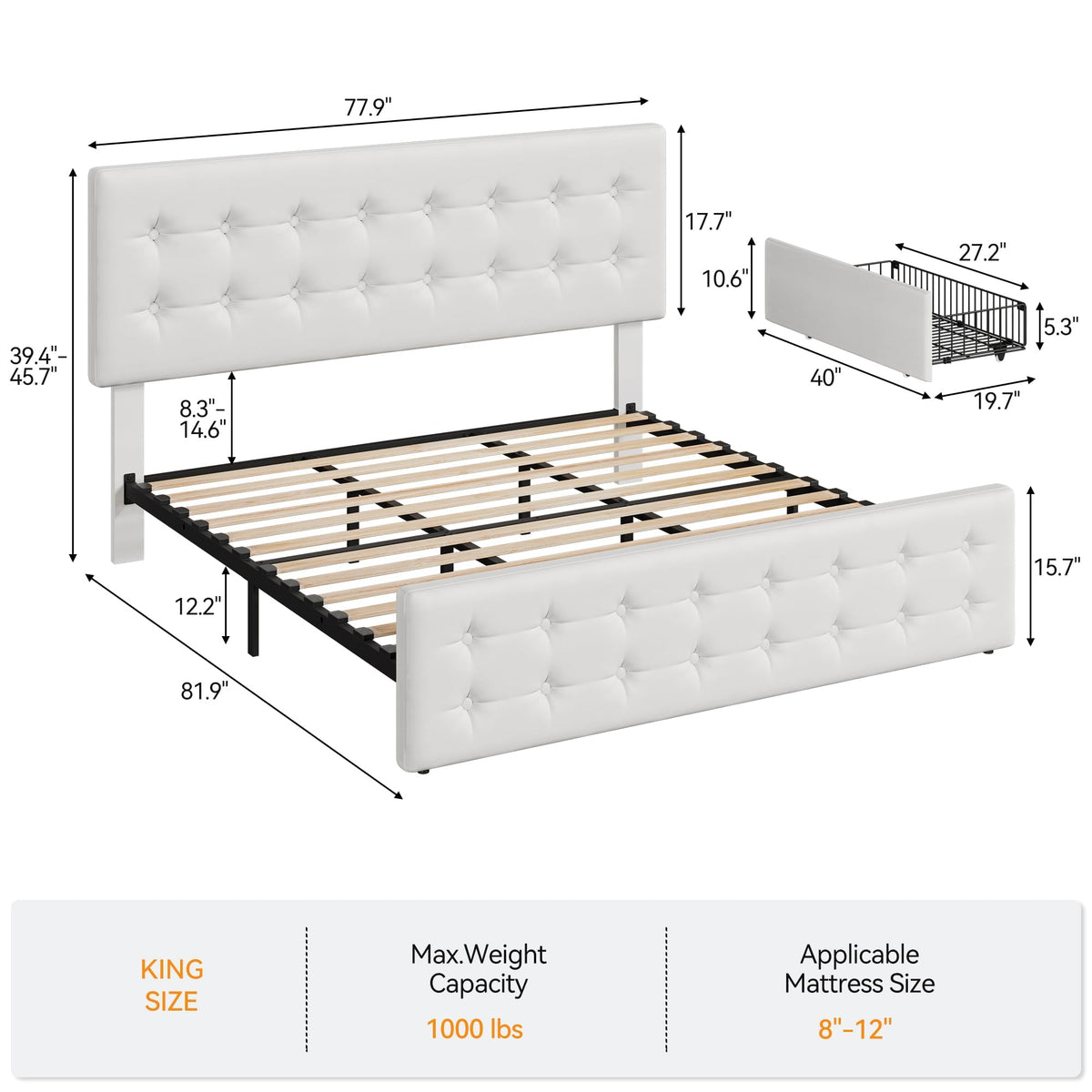 GarveeHome King Size Bed Frame with 4 Storage Drawers and Faux Leather Upholstered Headboard, Wooden Slats Support, Button Tufted Design, No Box Spring Needed, White