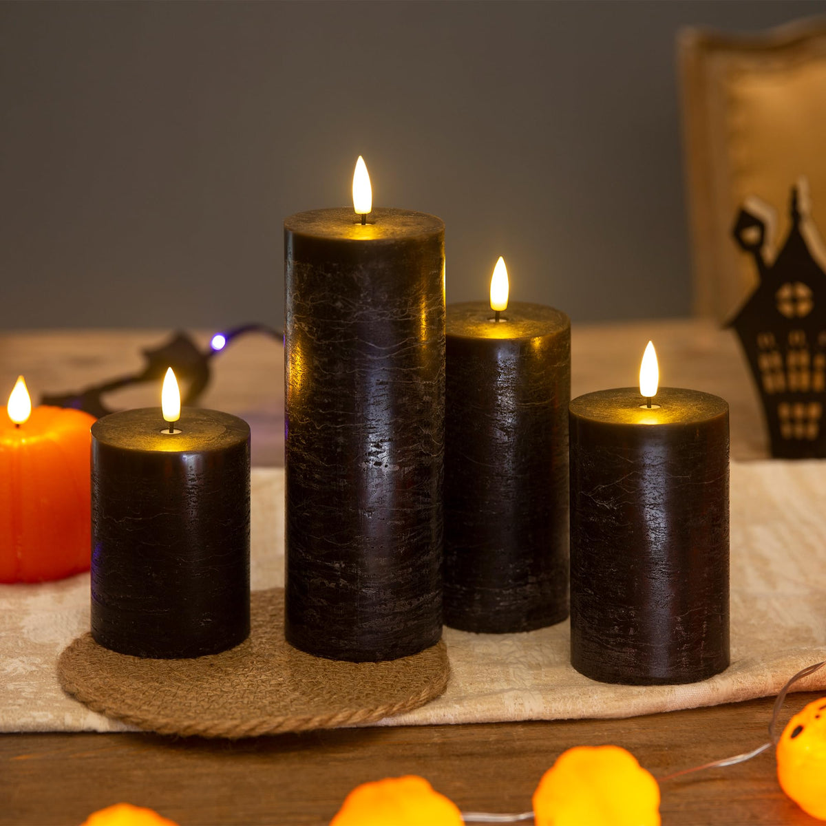 LUSHARBOR Halloween Flameless Candles, 4 Pack Battery Operated Halloween Candles with Remote, Wax LED Fake Pillar Candles Fireplace/Shelf Decor D3 H 5" 6" 7" 9" Black