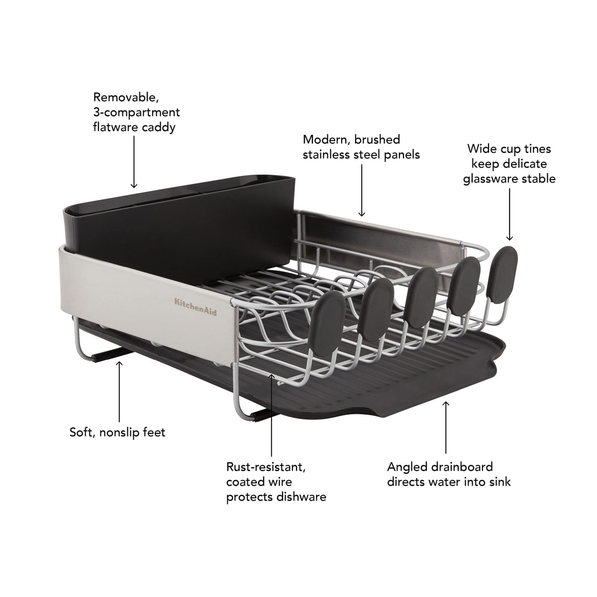 KitchenAid Compact, Space Saving Rust Resistant Dish Rack with Removable Flatware Caddy and Angled Self Draining Drainboard, 16.06-Inch, Black