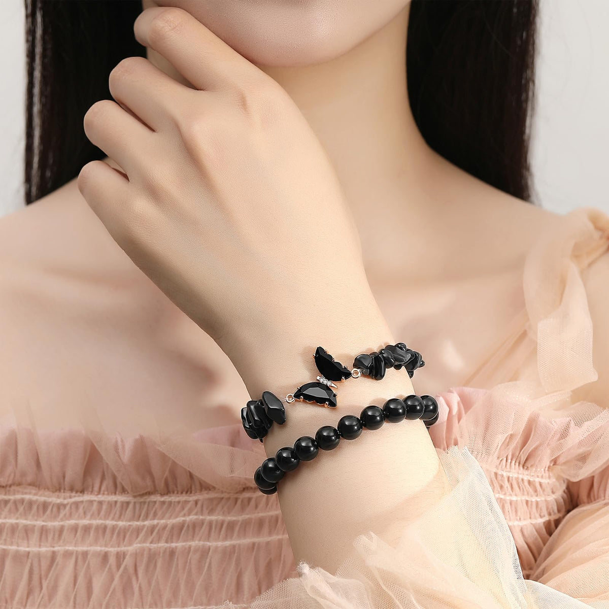 DUQGUHO 2Pcs Black Butterfly Bracelets for Women Obsidian Bracelets Gifts for Women Healing Crystal Bracelet Natural Gemstone Stretchable Jewelry 8mm Black Crystal Beaded Bracelet Gift for Birthday
