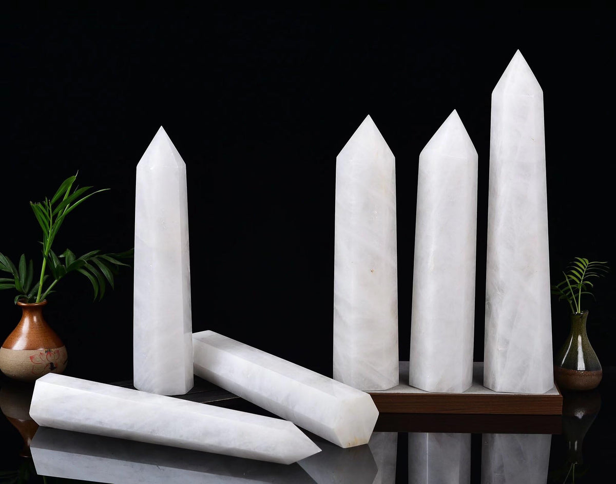 AMOYSTONE Large White Crystal Quartz Wand 1PC Healing Crystal Stone Obelisk Tower 6 Faceted Column Reiki Chakra Meditation Gift 2.2-2.6 LBS