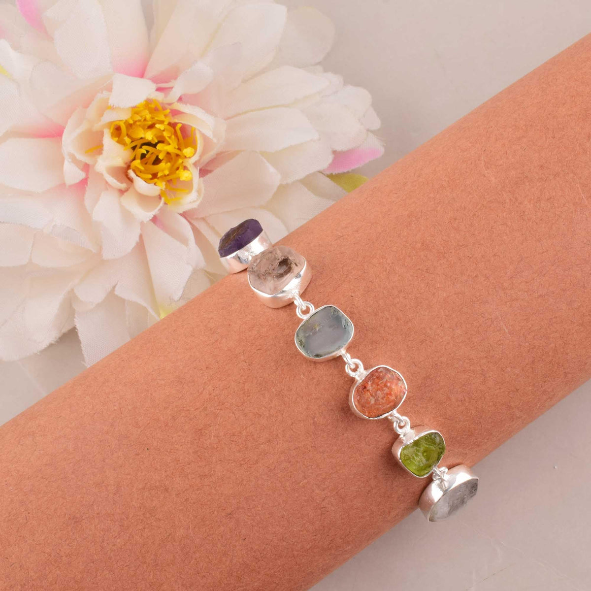 MANILATA Natural Multi Stone 7 Chakra Bracelet Spiritual Protection, Adjustable link Bracelet, Healing Crystals, Birthday, Gift for Her, Gemstone Jewelry 8 inch AAA+ Quality