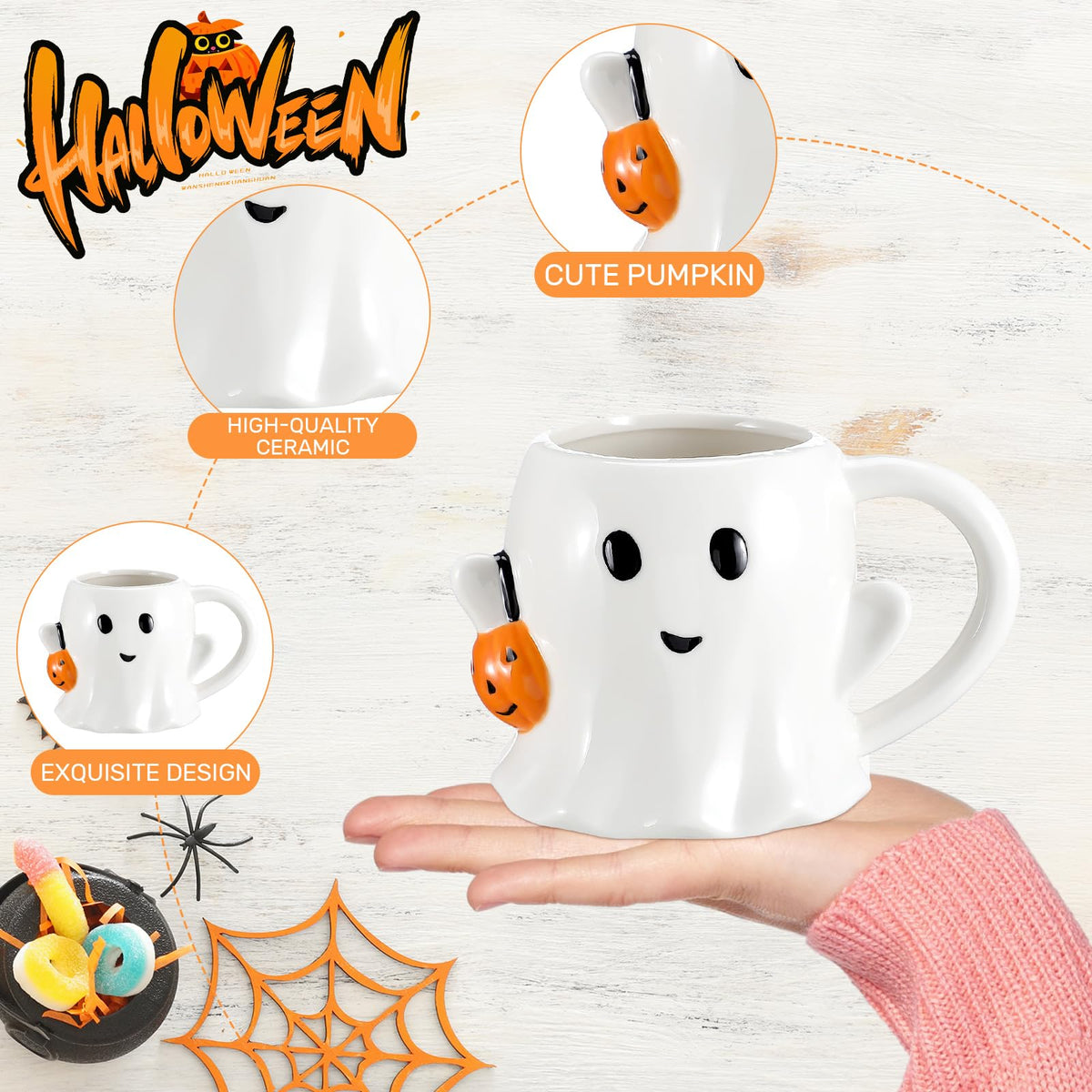Yiyiring 2 Pcs 12 oz Halloween Ghost Mug Coffee Ceramic Boo Mug with Pumpkin Cute Ghost Face Cup with Handle for Halloween Party Decoration