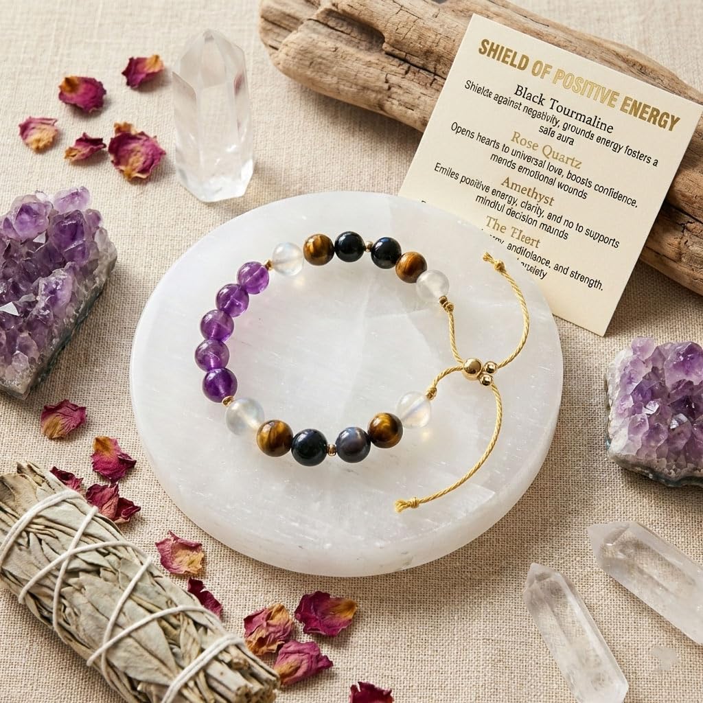 SFPJTL Shield of Positive Energy Crystal Bracelet for Women - Real Black Tourmaline, Rose Quartz, Amethyst & Tiger Eye Beads - Adjustable Healing Stone Protection, Anxiety Relief & Good Luck Jewelry - Spiritual Gifts for Mom, Wife, Friend