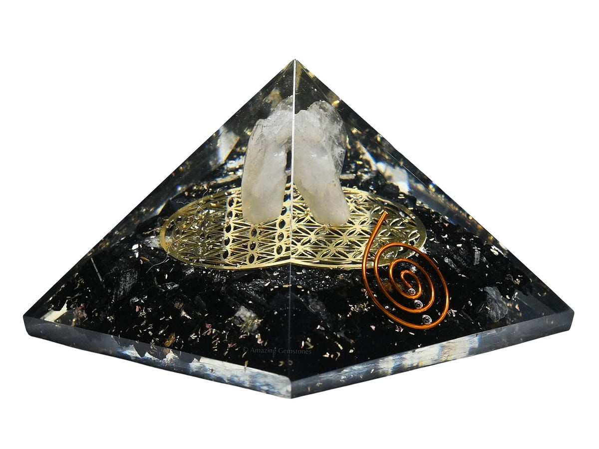 Amazing Gemstone Large Black Tourmaline Orgone Pyramid Crystal, Guardian Angel with Flower of Life Orgonite Pyramid - Positive Energy Healing