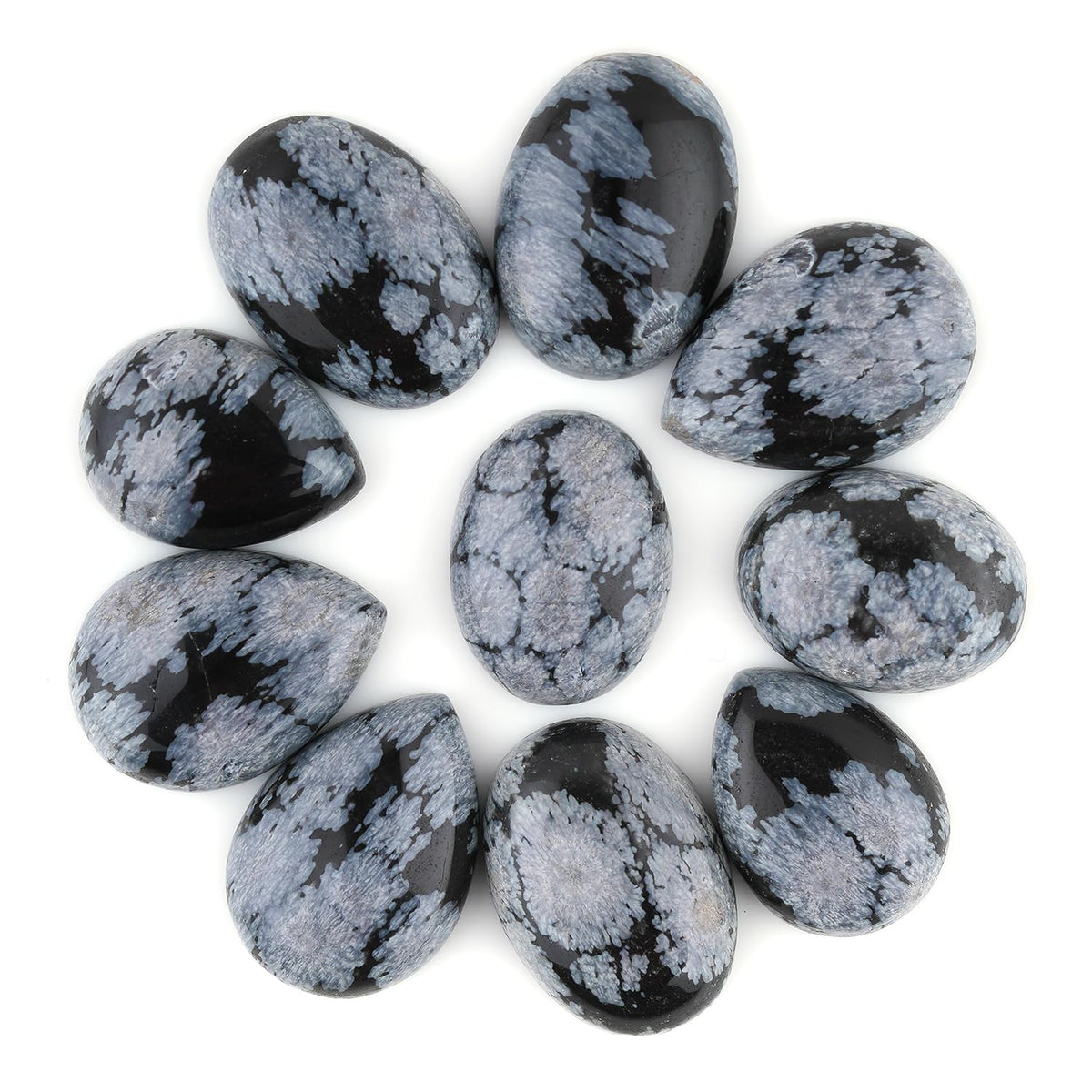 GemSymphony 100 Carat Natural Snowflake Obsidian Gemstone Cabochon Lot Mixed Shapes – 12 pcs Hand Polished Crystal Stones for Jewelry Making, Healing, Reiki, Craft Supplies, Unique Cab Set for Wire Wrapping & Collectors (10-20 mm)