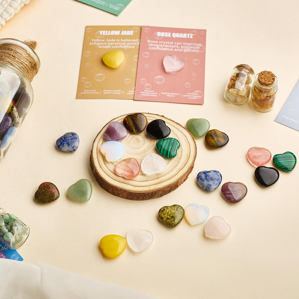 UU UNIHOM 24 Pcs Crystals Heart Healing Stones for Valentines Day Party Gift Crystal Heart Shaped Rocks Gemstones with Greeting Cards for Meditation Balancing Chakra Reiki Spiritual Christmas Gifts