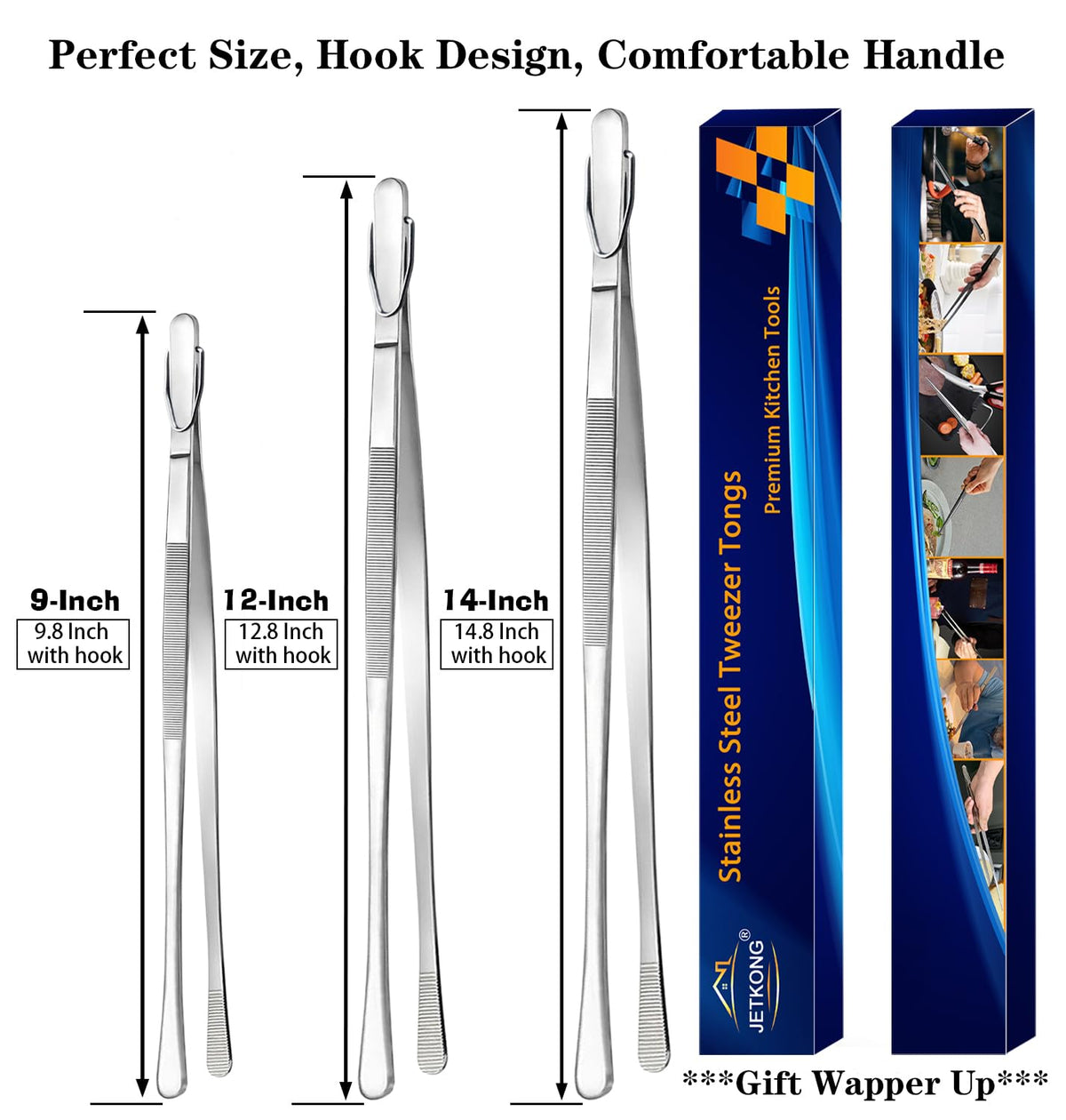 JETKONG 3 Pcs Extra Long Kitchen Tweezers Heavy Duty Stainless Steel Cooking Tweezers (9 12 14 Inch, Silver)