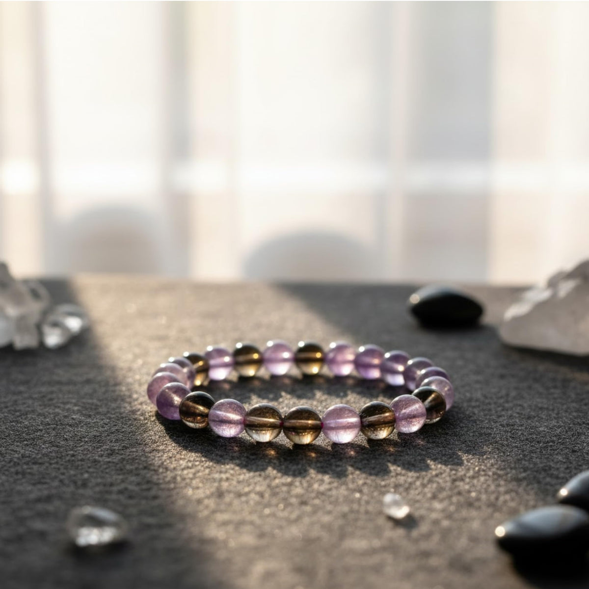 The Alchemist's Arcanum Adjustable Beaded Wrist Accessory for Men and Women, Stretch Fit Stone Bead Jewelry for Daily Wear and Gifting (Amethyst & Smoky Quartz)