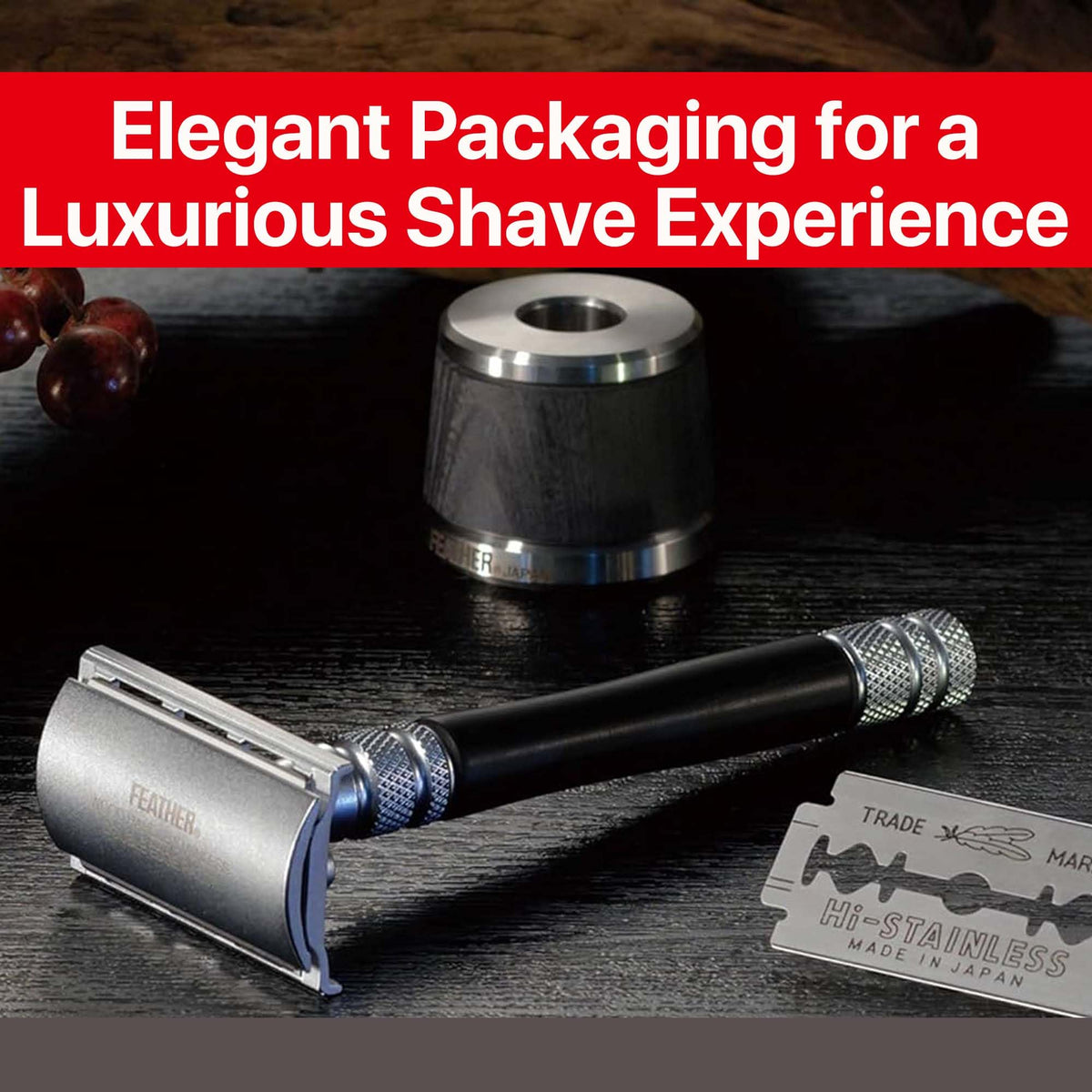 Feather - Wood Handle Stainless Double Edge Razor with Wood Inlay Stainless Steel Stand - With Resin-Impregnated Handle & Stand - Includes 5 Hi-Stainless Blades - Made in Japan