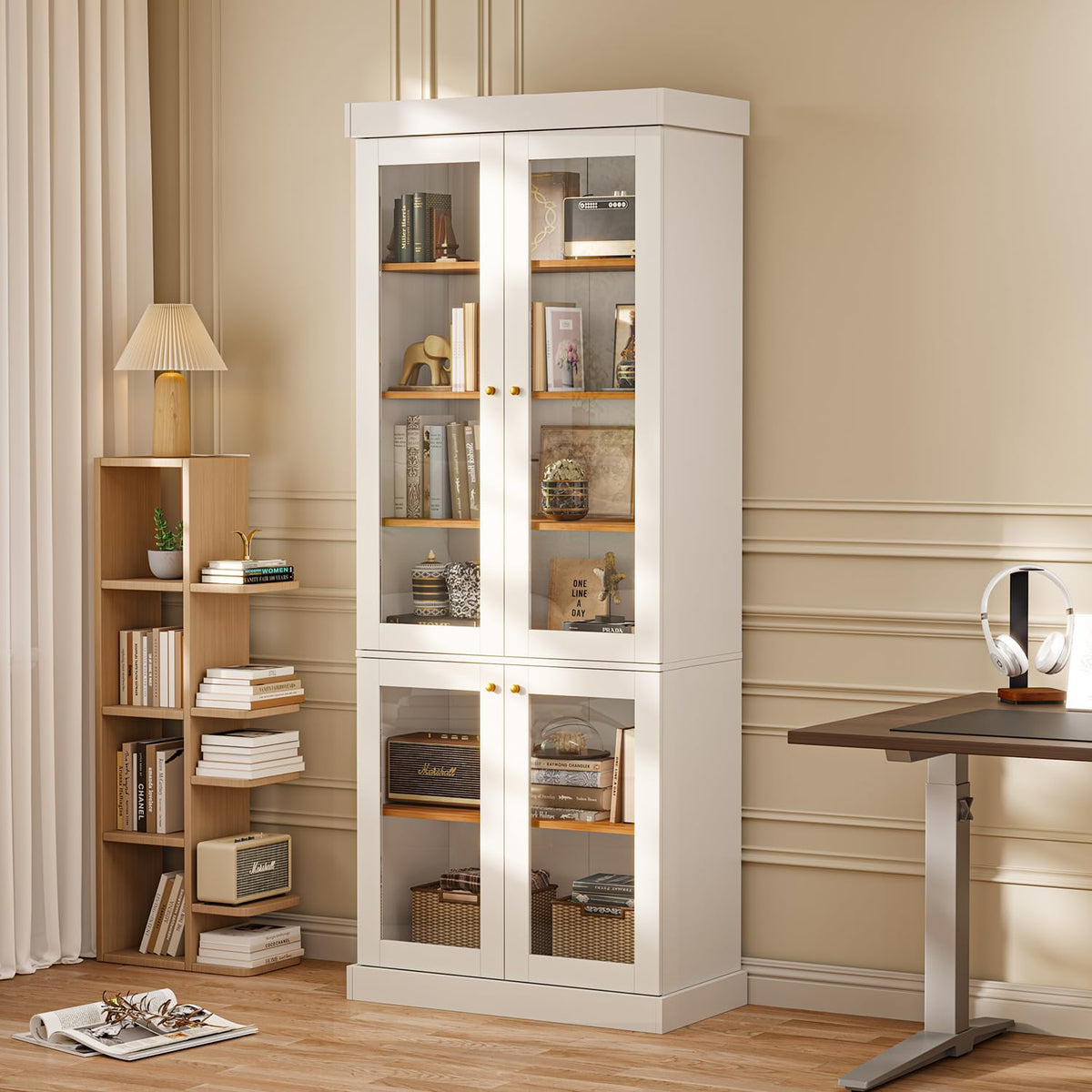 ivaniti 70.8" Bookshelf with Glass Doors, Farmhouse Modular Bookcase with 6-Tier Adjustable Shelves, Large Storage Cabinet for Living Room & Home Office, Set of 3, White