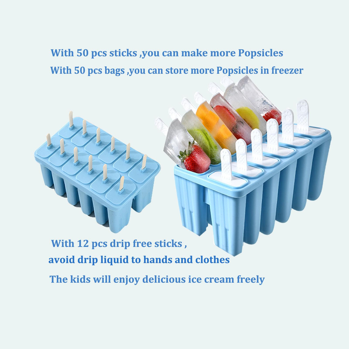 Silicone Popsicle Molds with Sticks Wpunwen 12 Cavity Ice Popsicle MoldsIce Cream Mold with Clean Brush 12 Reusable Sticks 50 Sticks 50 Bags Blue