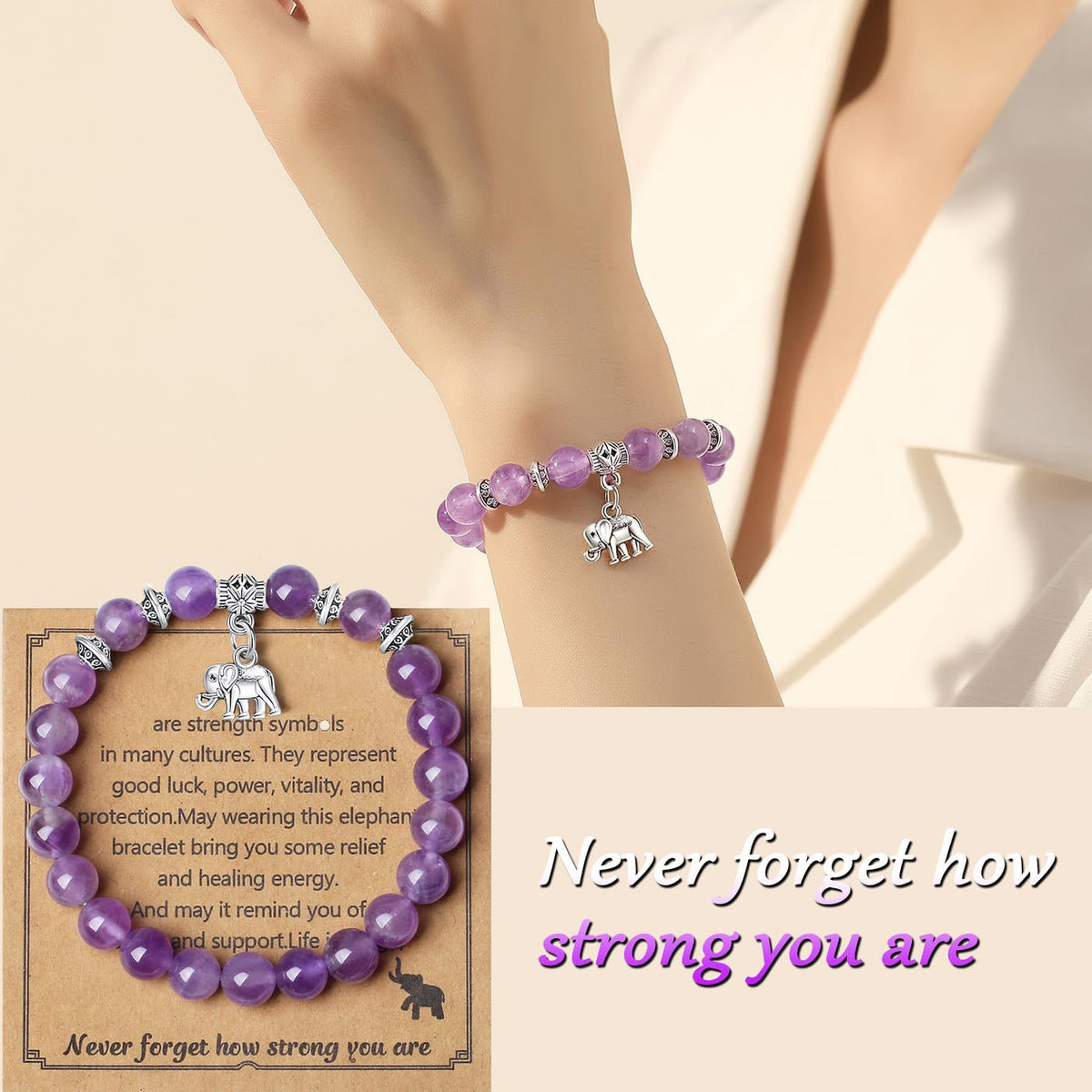 MAIBAOTA Amethyst Bracelet for Women, Purple Bracelet, Amethyst Crystal Stone Beaded Bracelets, Elephant Round Gemstones Stretch Bracelet, Crystal Jewelry Gifts for Women Mom