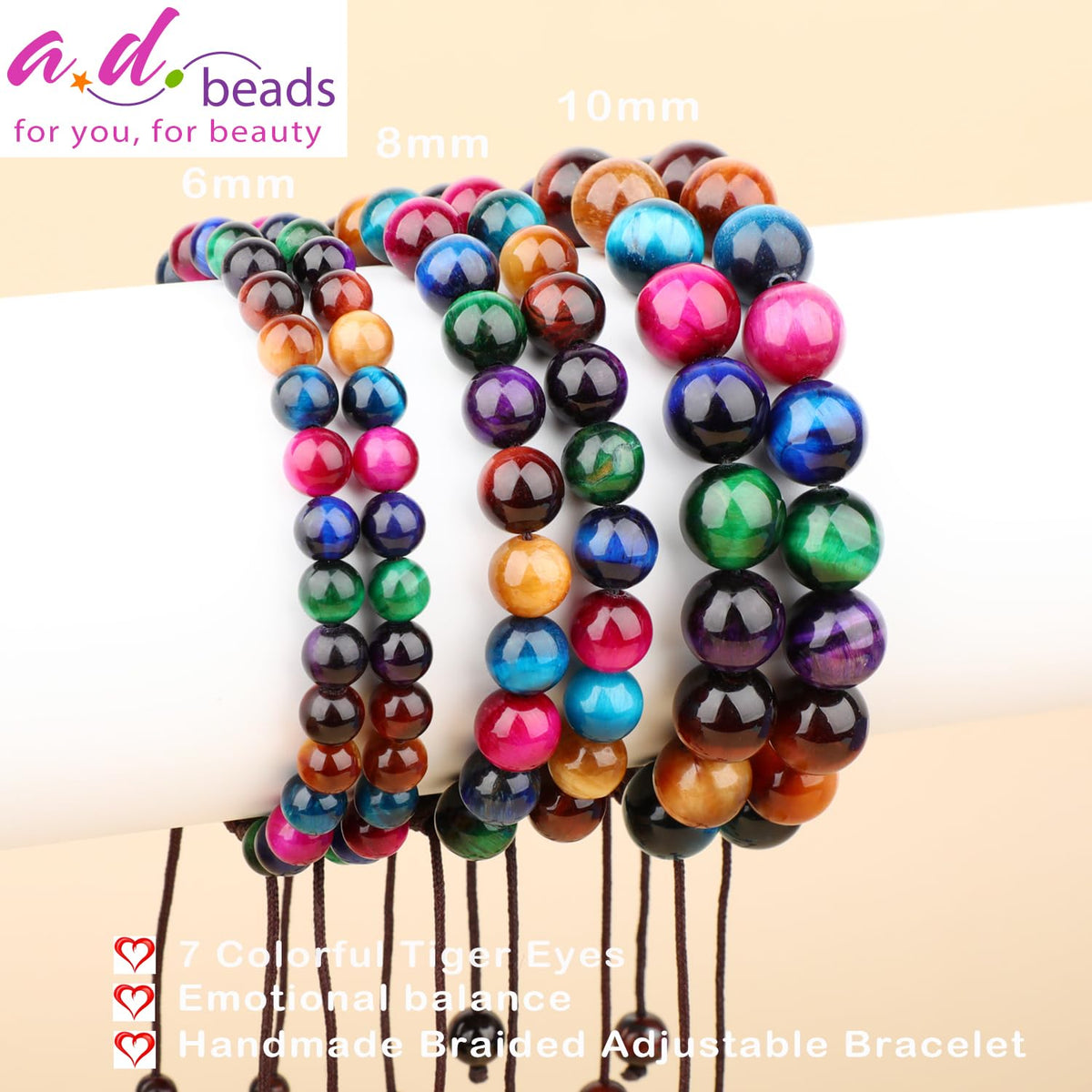 AD Beads 8mm 7 Colorful Tiger Eyes - Emotional balance - Handmade Natural Stone Crystal Bracelet with Adjustable Macrame String - Yoga Healing Power Energy Gifts for Men and Women