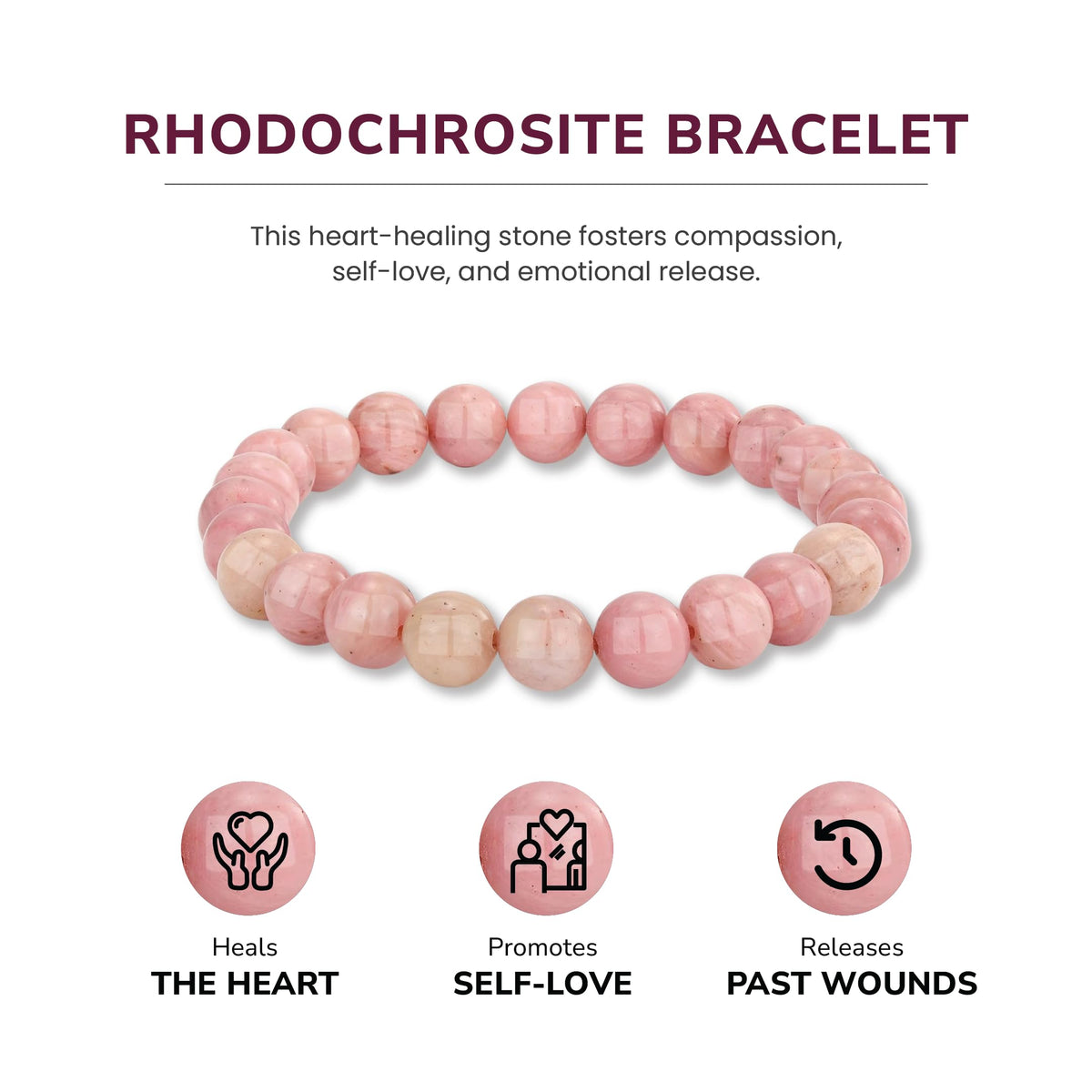 Crystal Vibe Rhodochrosite Crystal Bracelet for Love and Balance - 8mm Beaded Bracelet for Emotional Healing, Trust & Positivity - Crystal Jewelry Gifts for Women Men - Adjustable Size